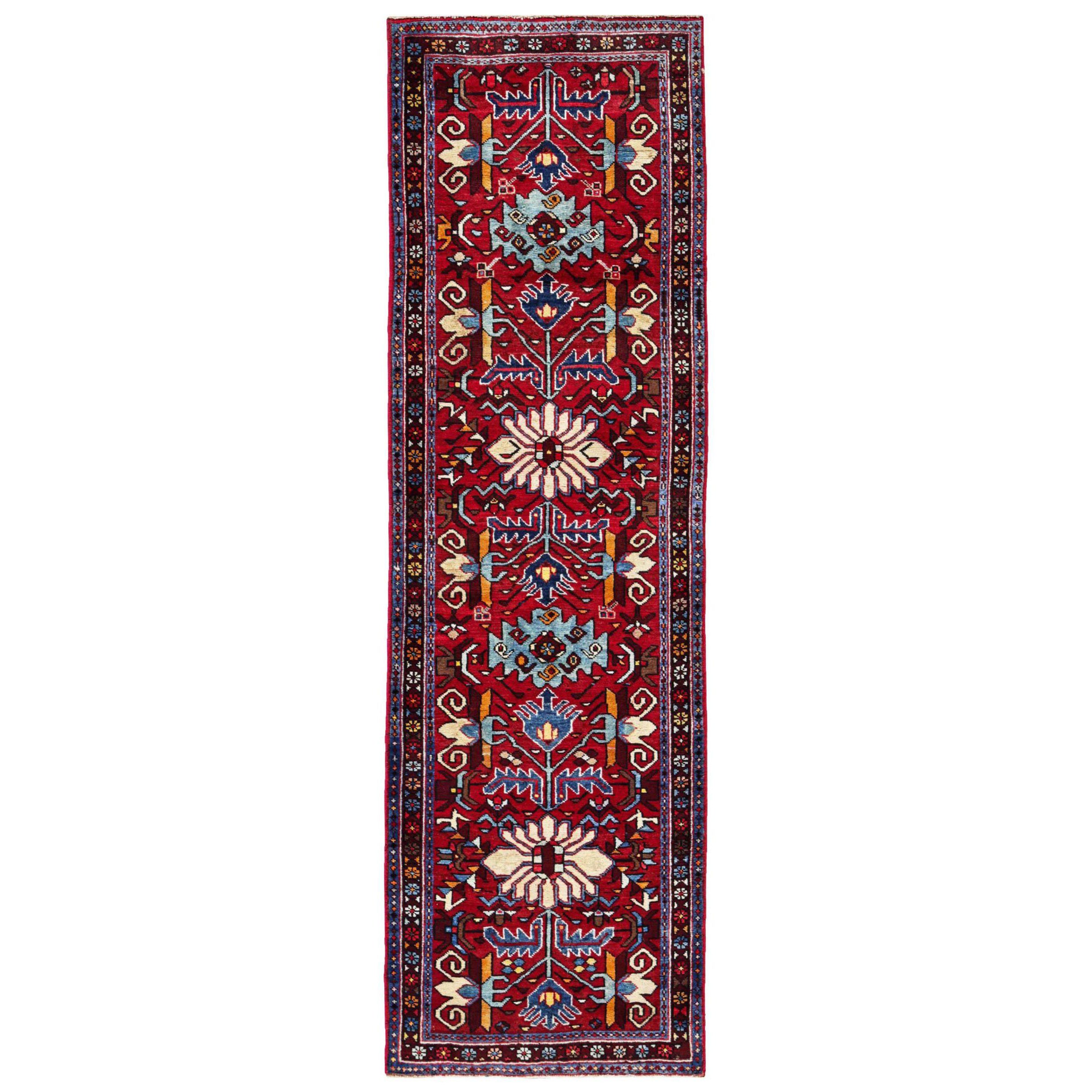 Tapis de course persan Azerbaïdjan Circa 1910 - Laine Bleu Ivoire Orange Rouge - 91200