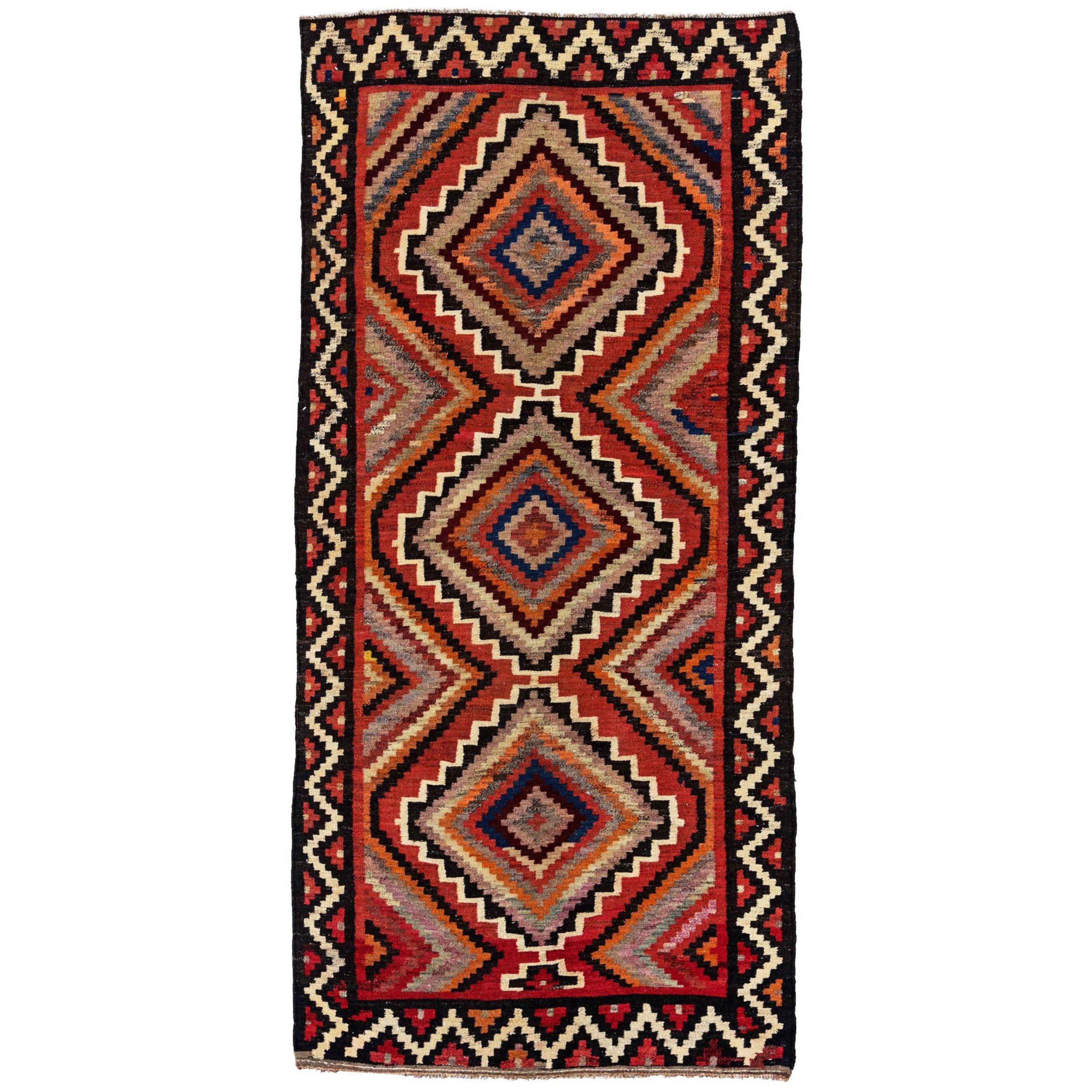 Alfombra Persa Kilim Pequeña Circa 1910 - Lana Negro Marfil Naranja Rojo Design - 91208