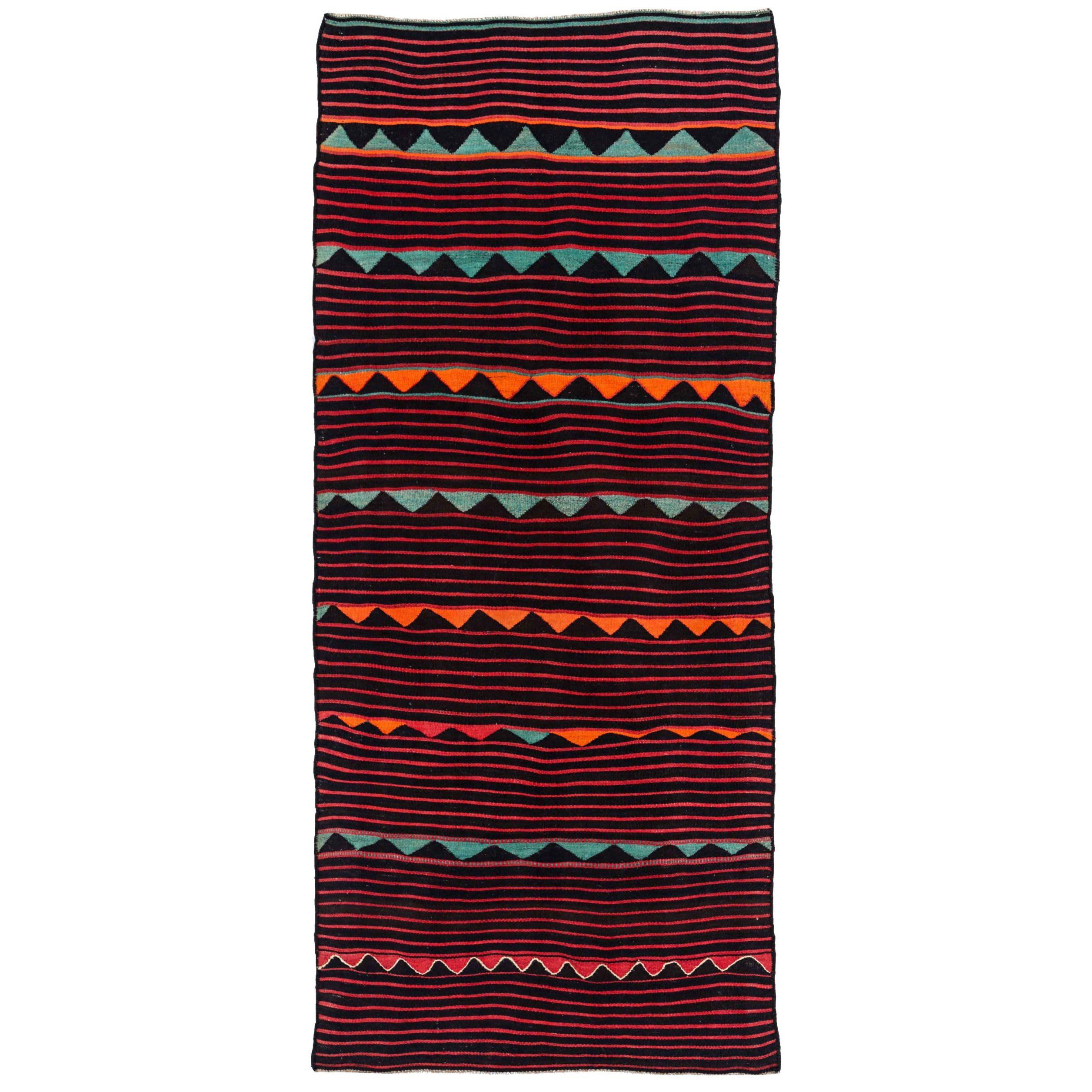 Alfombra Persa Kilim Pequeña Circa 1910 - Lana Negro Azul Naranja Rojo Design - 91226