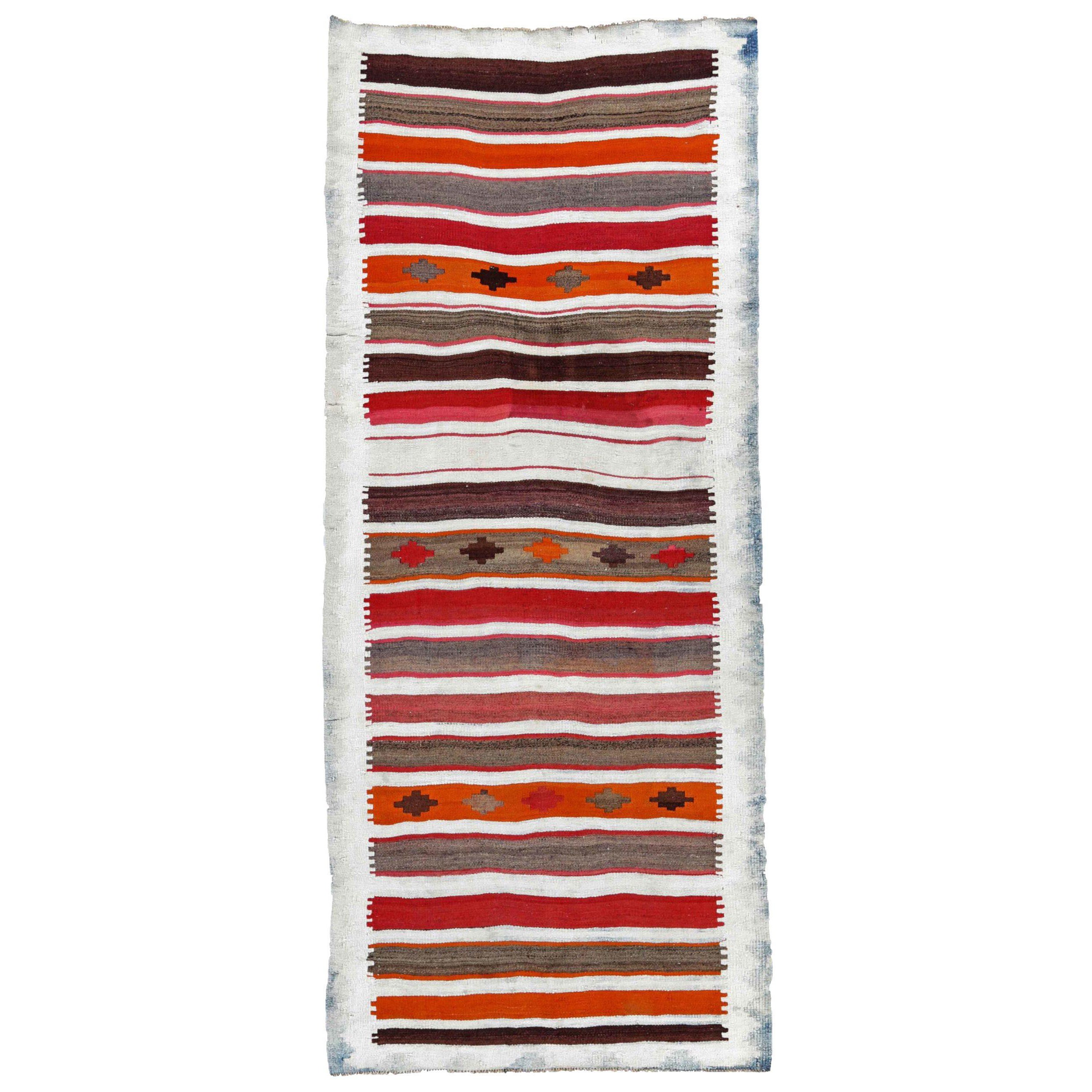 Persische Kelim-Teppiche um 1910 - Wolle Grün Elfenbein Orange Rot Design - 91227