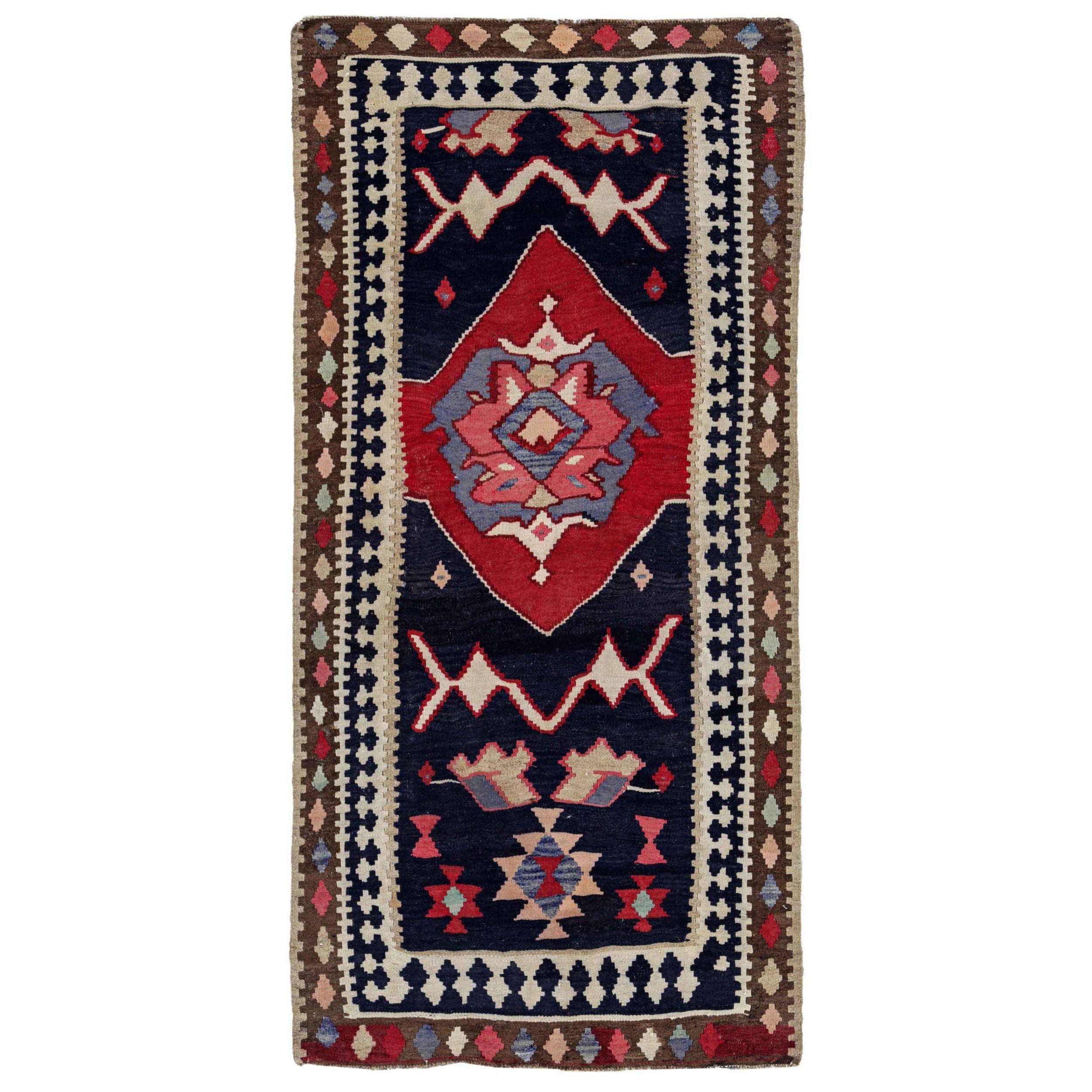 Persischer Kelim-Teppich Circa 1910 - Wolle Schwarz Elfenbein Rot Design - 91233