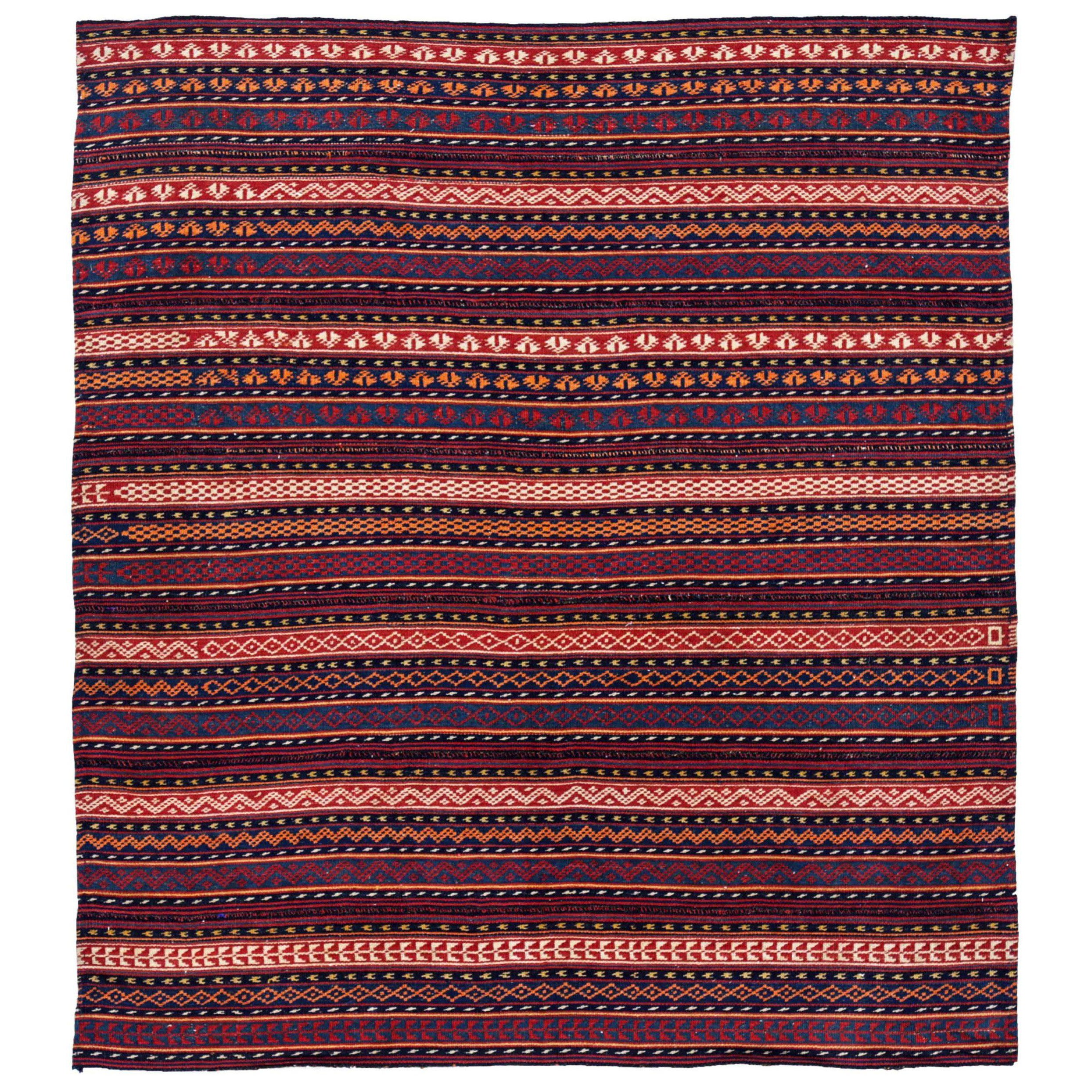 Persian Jajim Small Rug Circa 1910 - Wool Black Blue Ivory Orange Red - 91256 For Sale