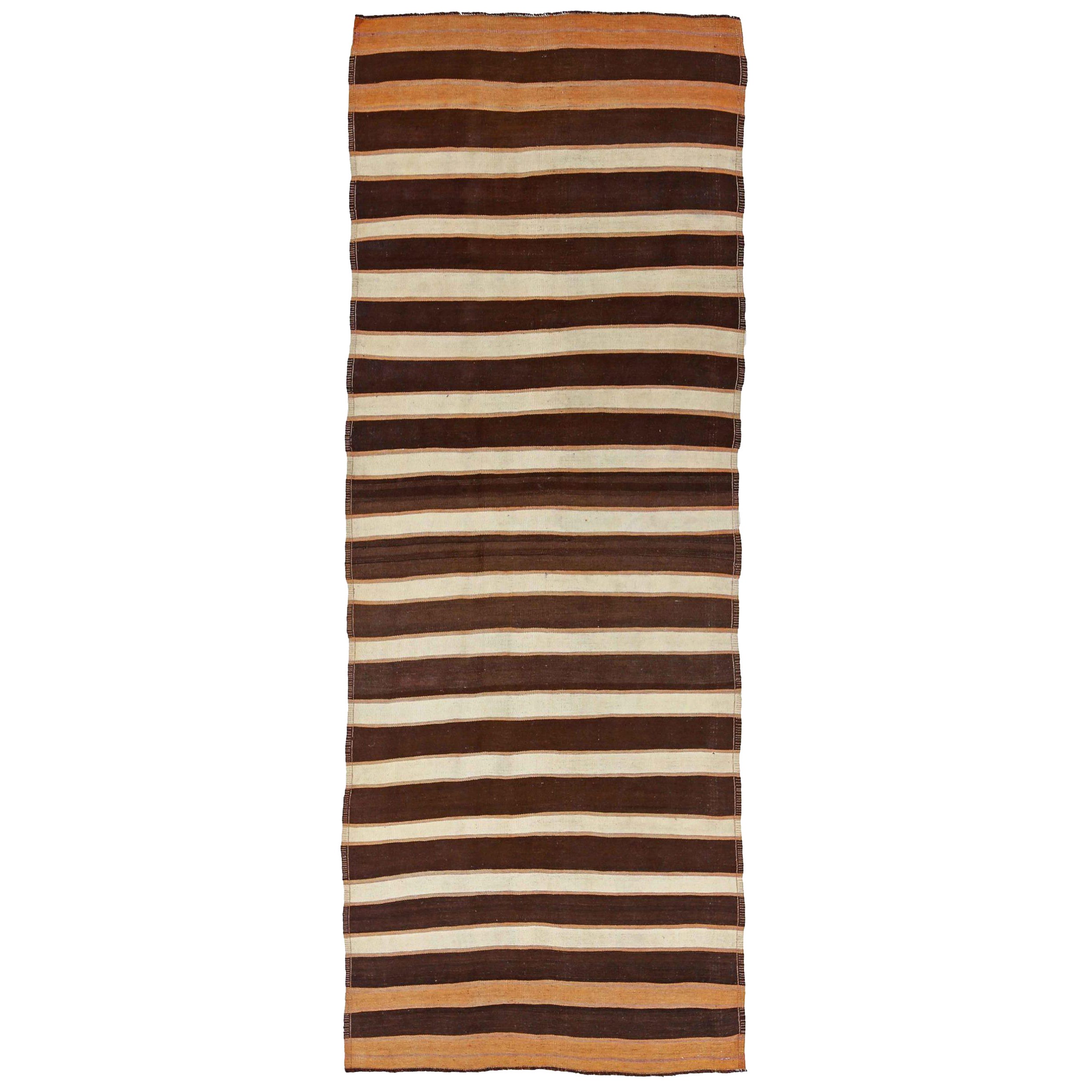 Persian Kilim Runner Rug Circa 1910 - Wool Brown Ivory Orange Design - 91275