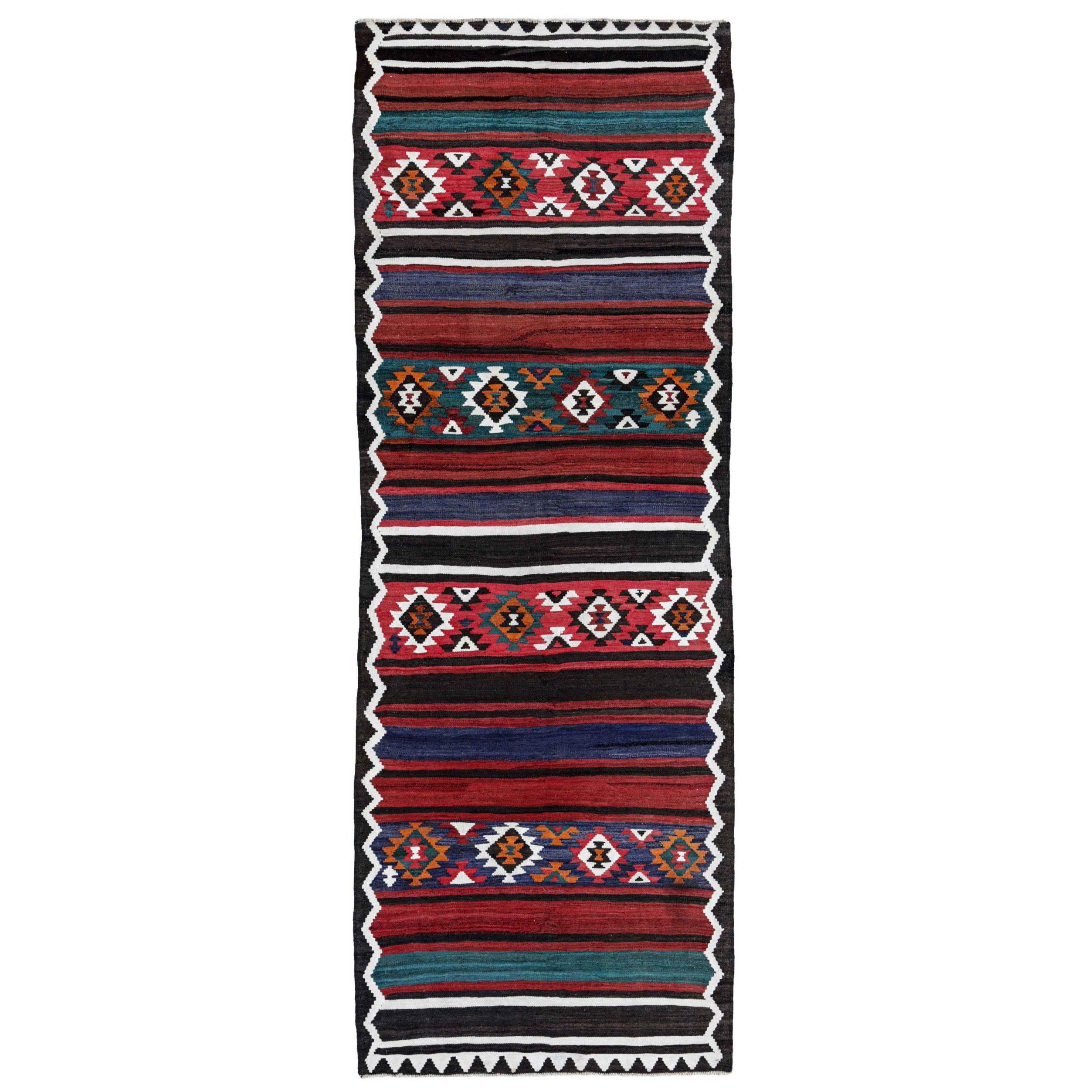 Alfombra Persa Kilim Circa 1910 - Lana Azul Marfil Rojo Diseño - 91262