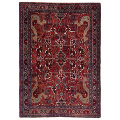 Tapis persan Heriz Small Circa 1910 - Laine Bleu Ivoire Rouge Design - 91276