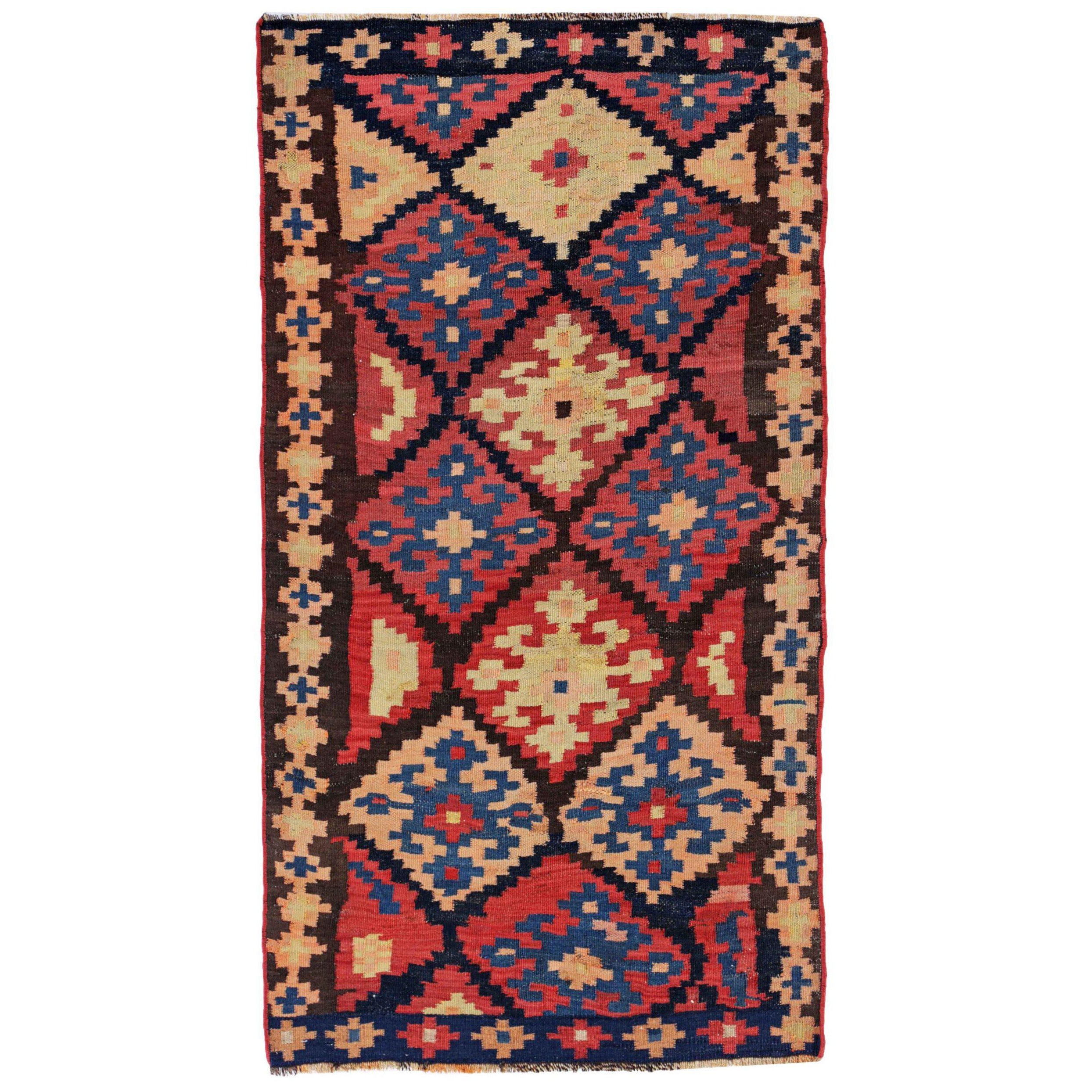 Persischer Kelim-Teppich Circa 1910 - Wolle Blau Elfenbein Rot Design - 91268