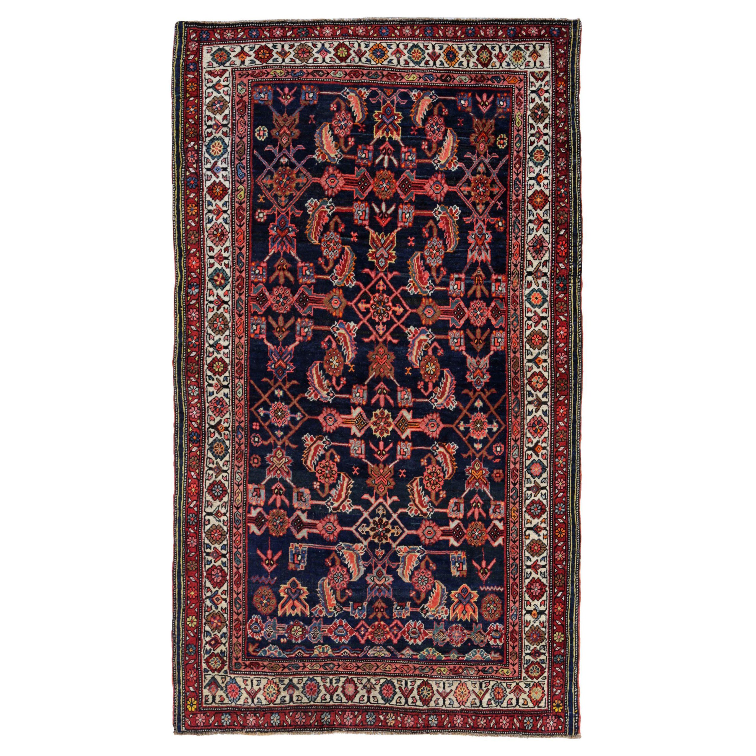 Persian Bijar Small Rug Circa 1910 - Wool Ivory Navy Blue Red Design - 91281