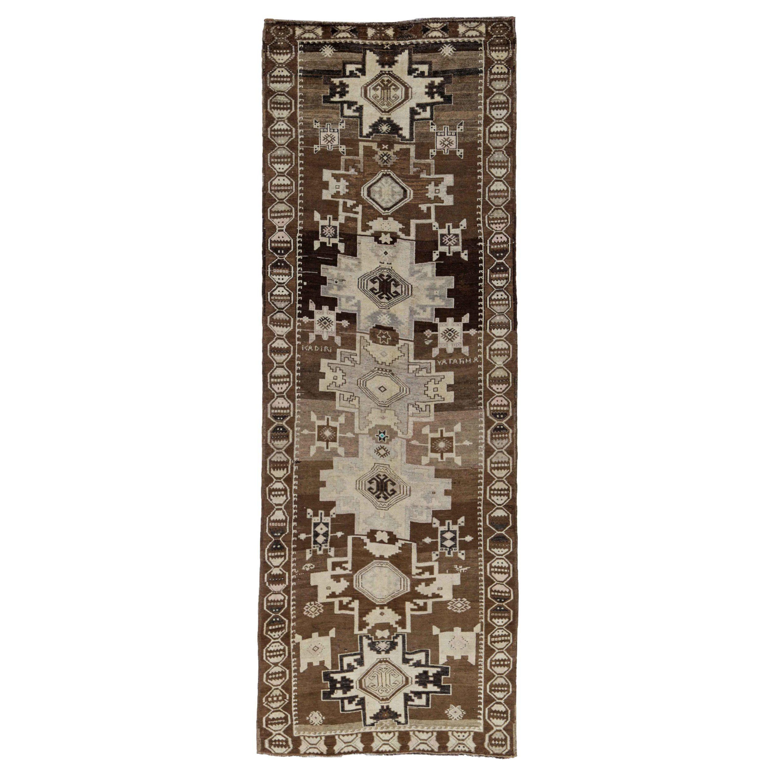 Persische Aserbaidschan Läufer Teppich Circa 1910 - Wolle Braun Elfenbein Design - 91282