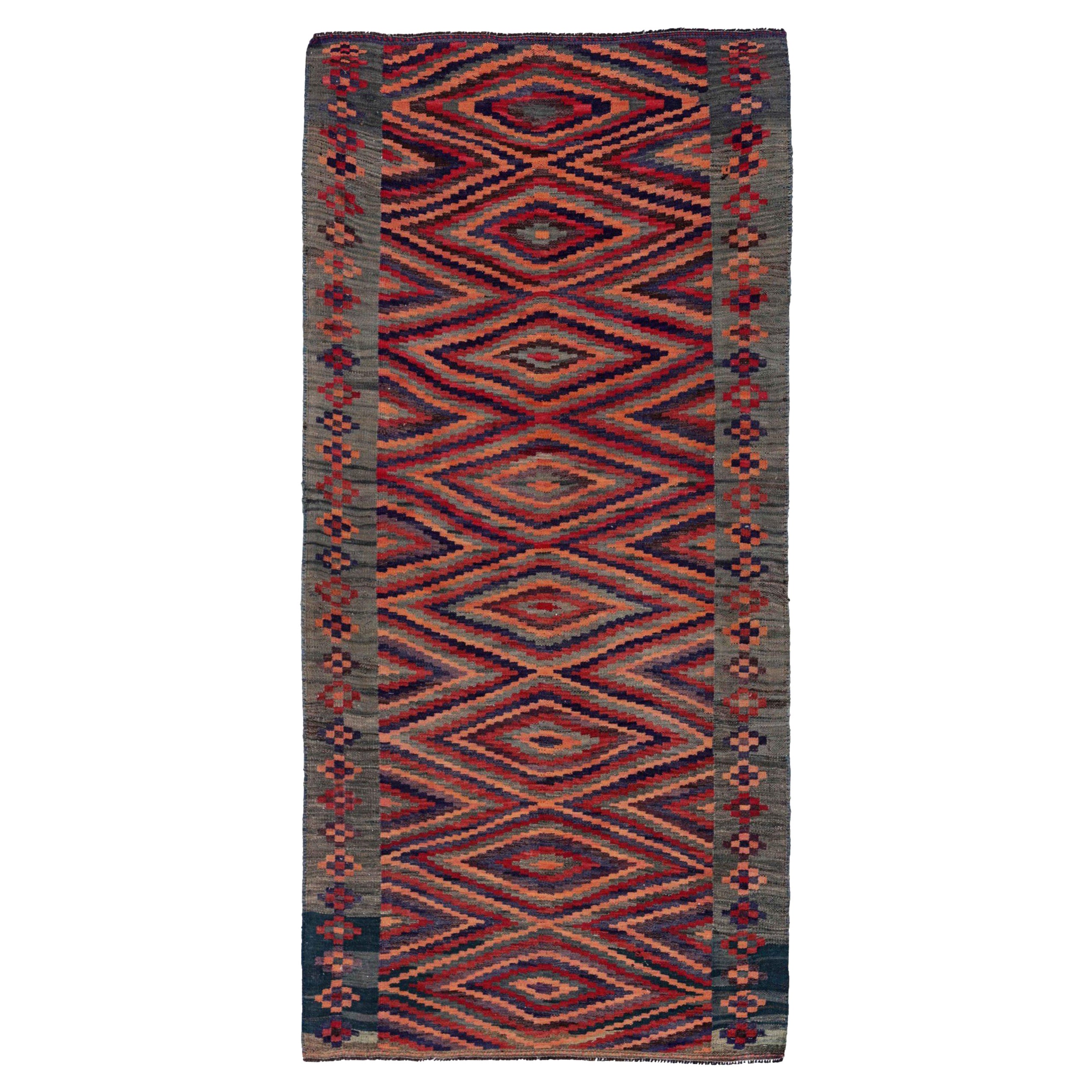 Rug & Kilim Kilim Persan Circa 1910 - Laine Gris Bleu Marine Rose Rouge Design - 91302 en vente