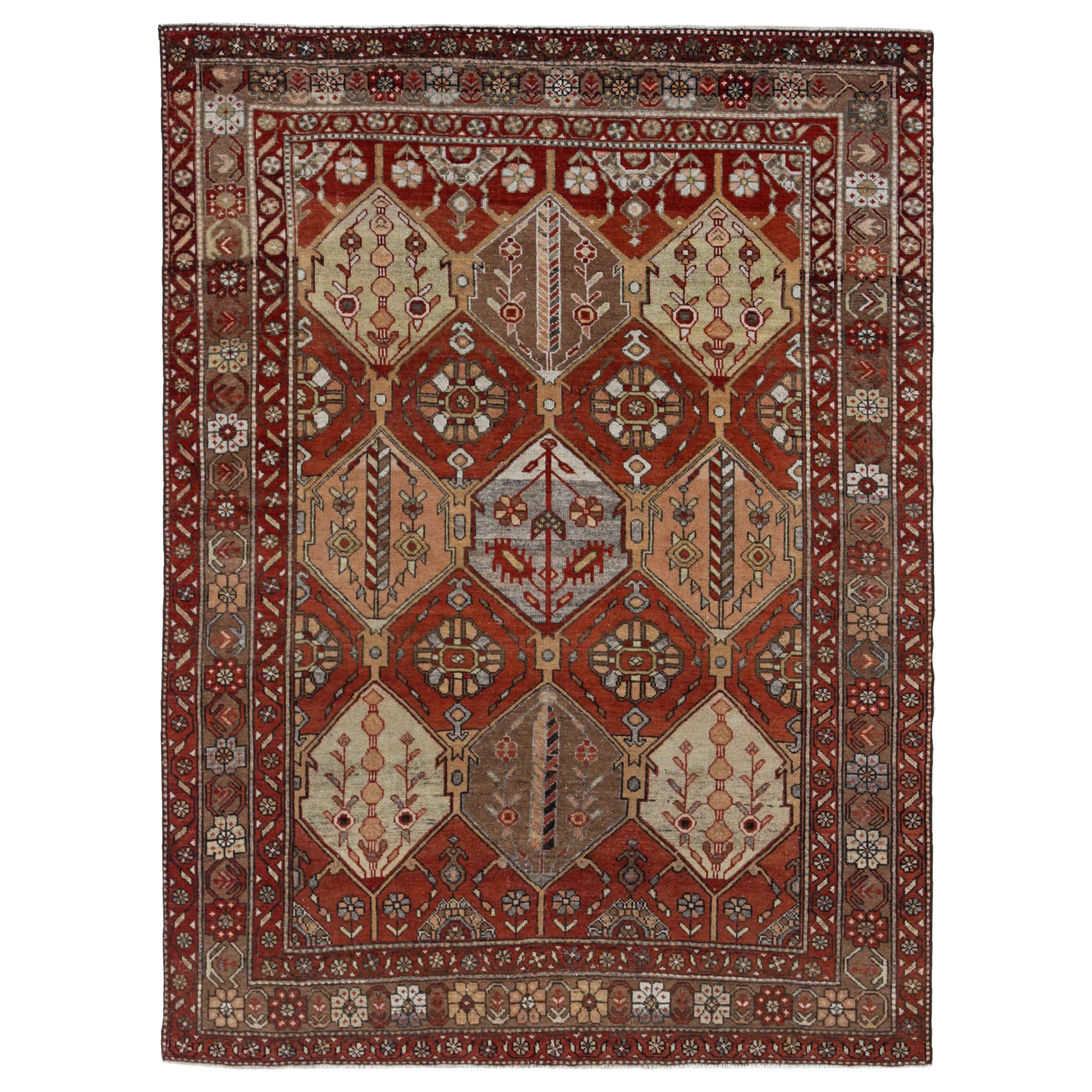 Alfombra Persa Bakhtiari Small Circa 1910 - Lana Marfil Rosa Rojo Design - 91294