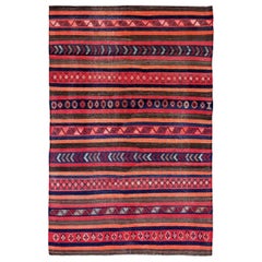 Persian Kilim Small Rug Circa 1910 - Wool Blue Brown Orange Pink Red - 91330