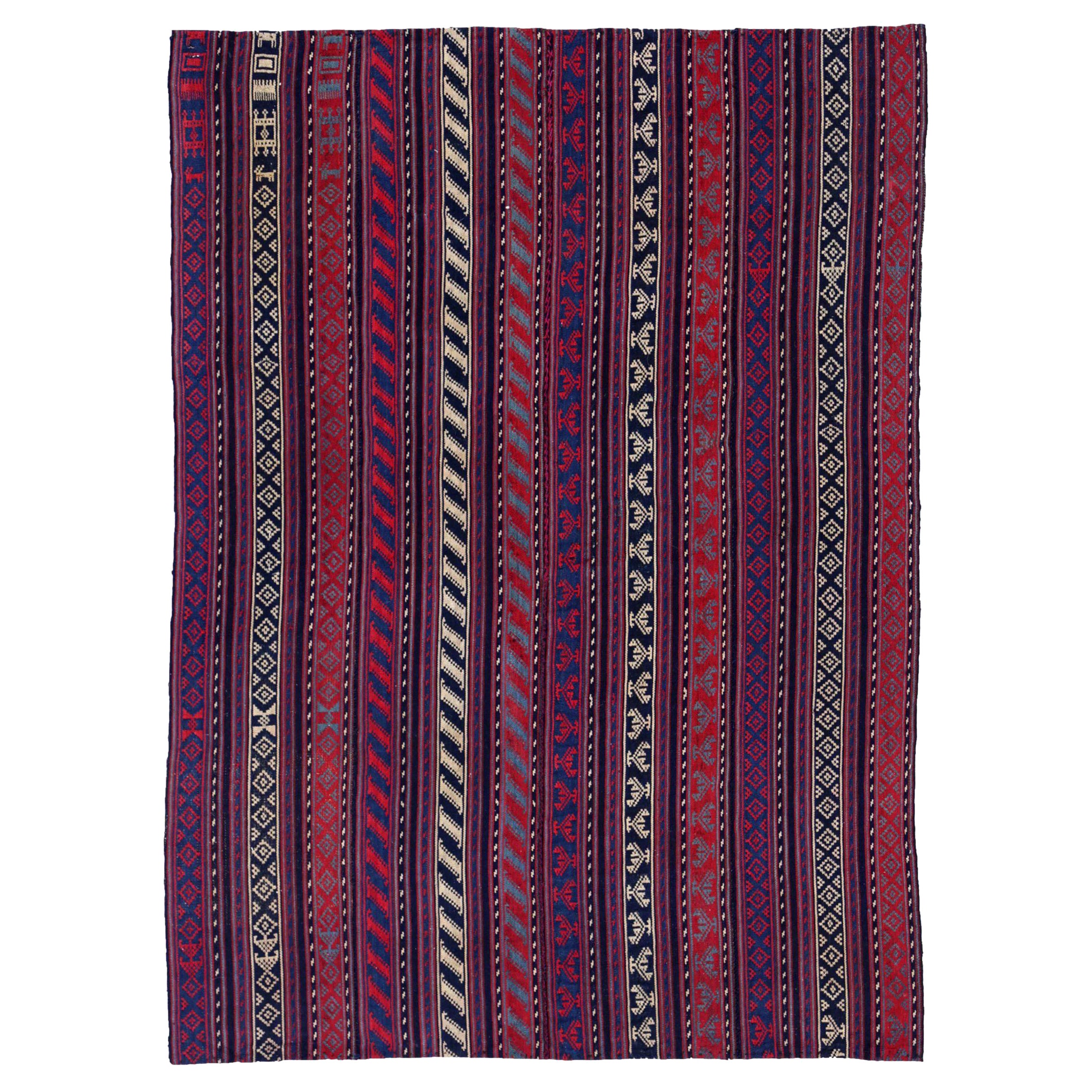 Persischer Jajim Small Rug CIRCA 1910 - Wolle Blau Braun Elfenbein Rot Design - 91343