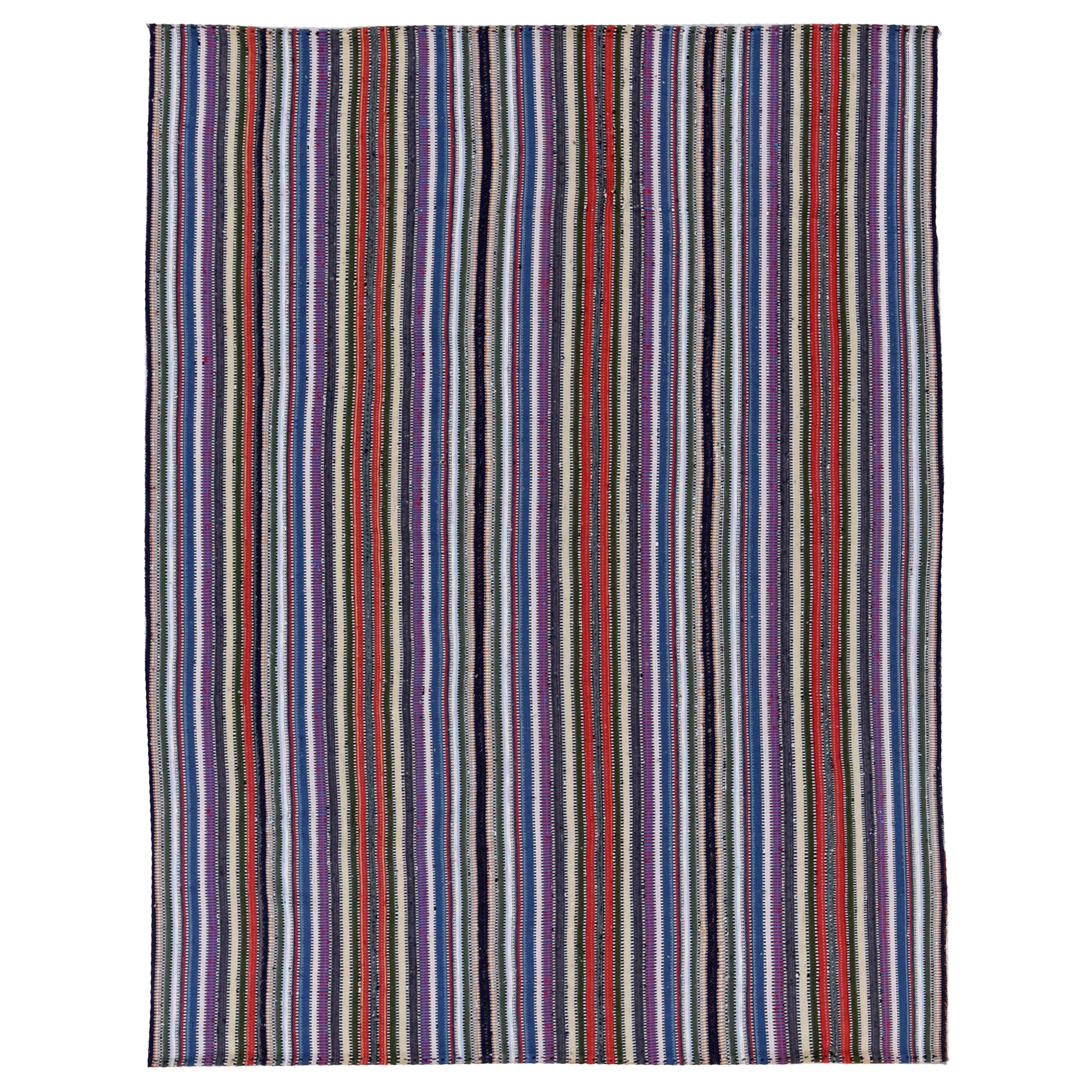 Tapis persans Kilim vers 1910 - Laine bleu ivoire rouge revers rouge - 91350