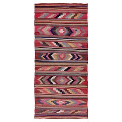 Persian Kilim Small Rug Circa 1910 - Wool Blue Pink Red Yellow Design - 91360