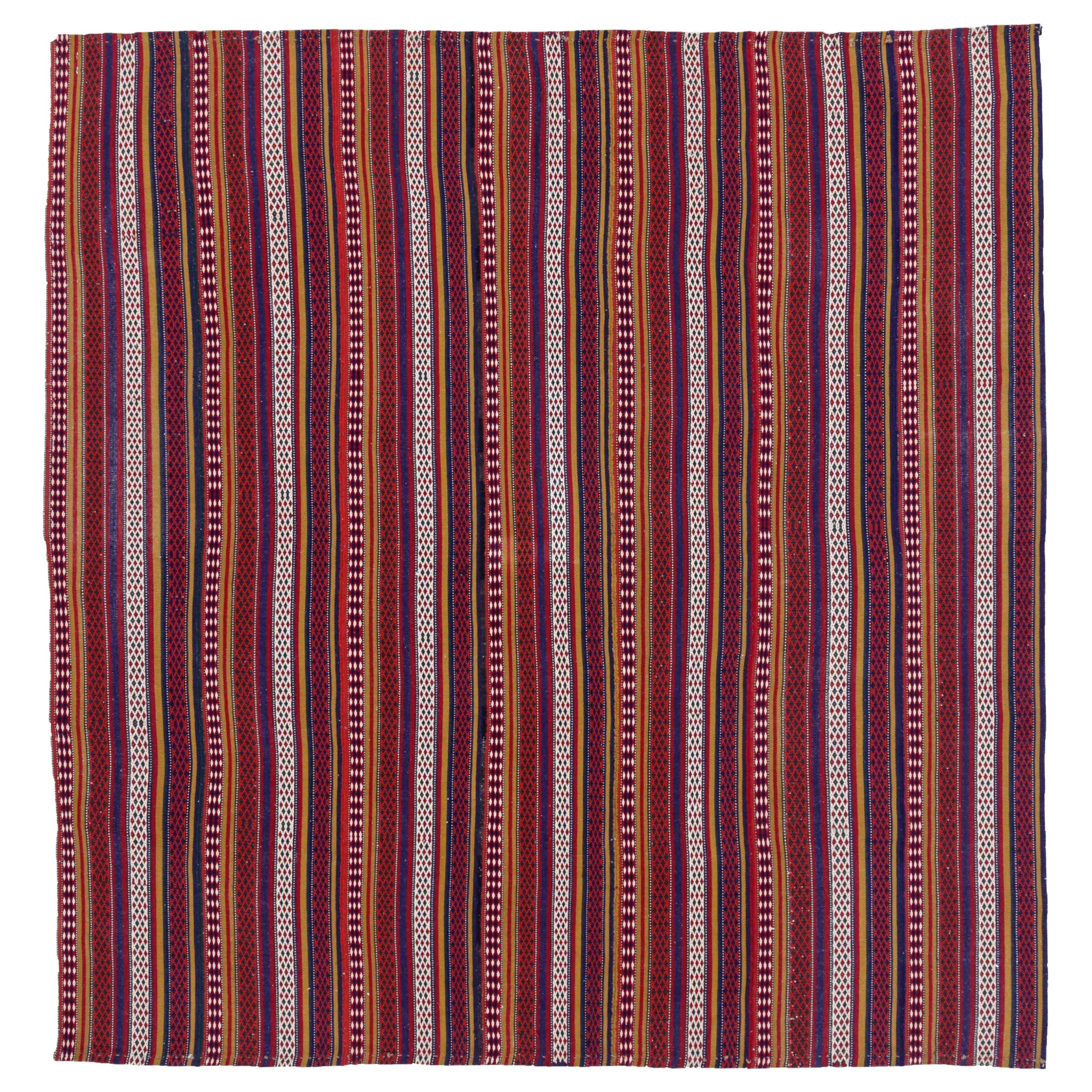 Persische Jajim Quadratische Teppiche Circa 1910 - Wolle Blau Elfenbein Rot Gelb - 91373