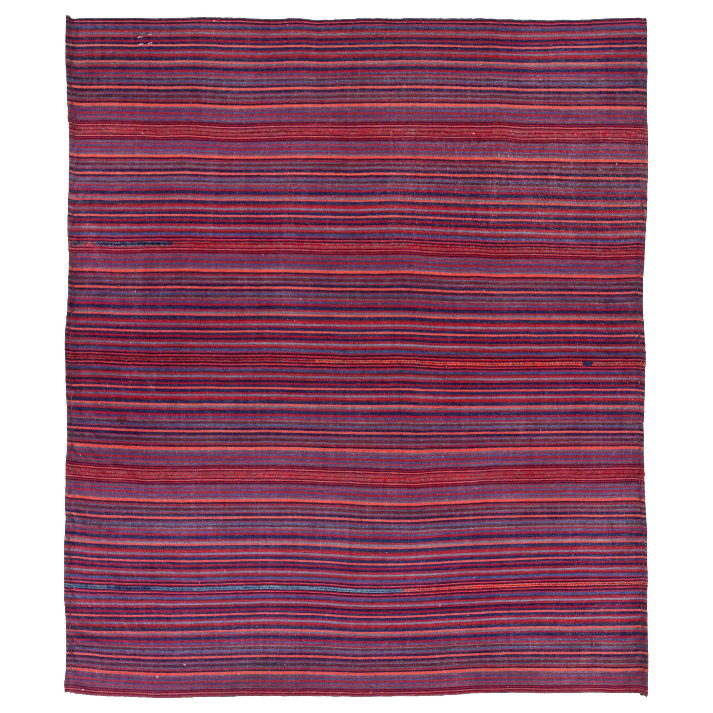 Persian Jajim Small Rug Circa 1910 - Wool Blue Orange Red Design - 91380