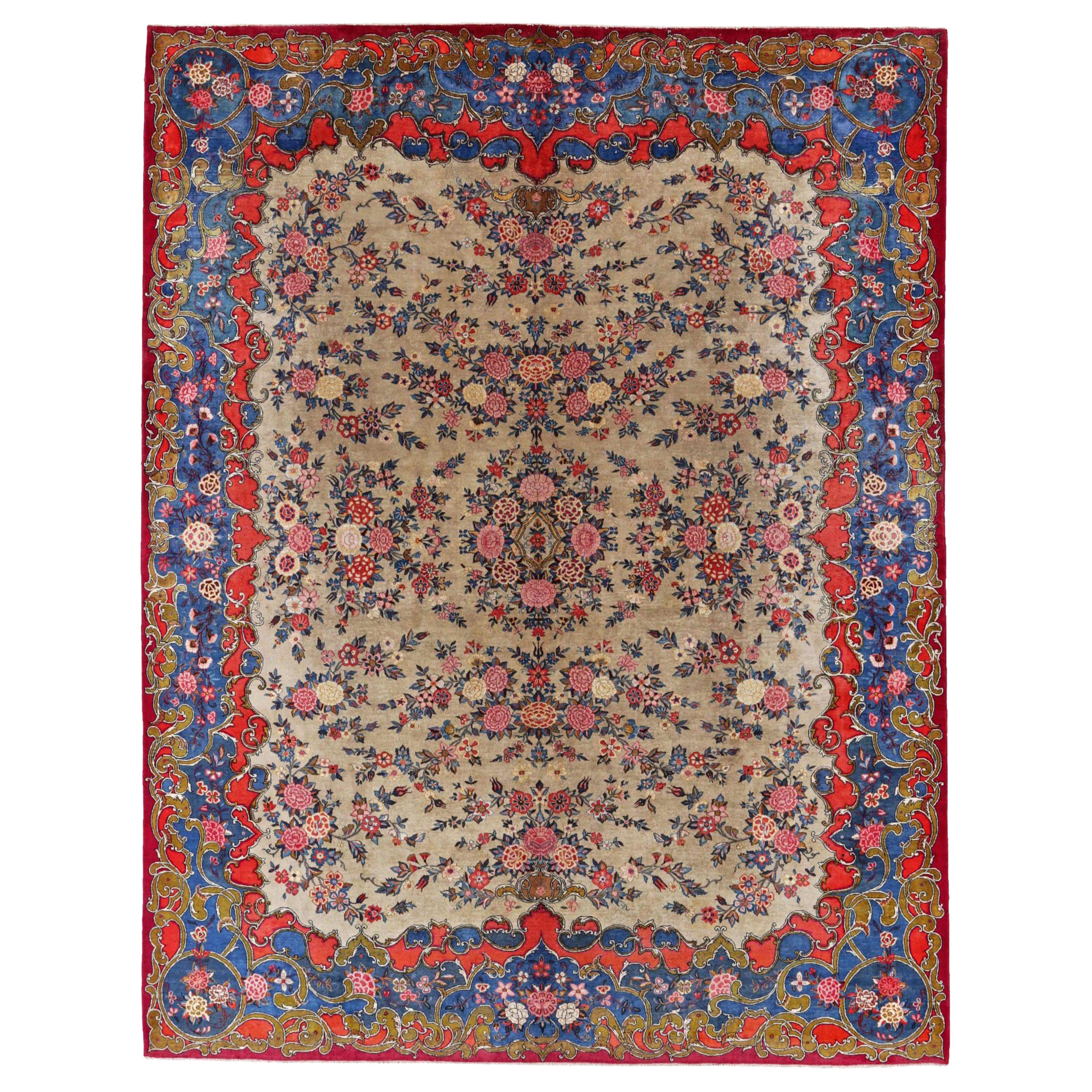 Tapis persans de Kashan datant d'environ 1940, motif en laine bleu ivoire rouge - 91410