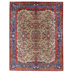 Tapis persans de Kashan datant d'environ 1940, motif en laine bleu ivoire rouge - 91410