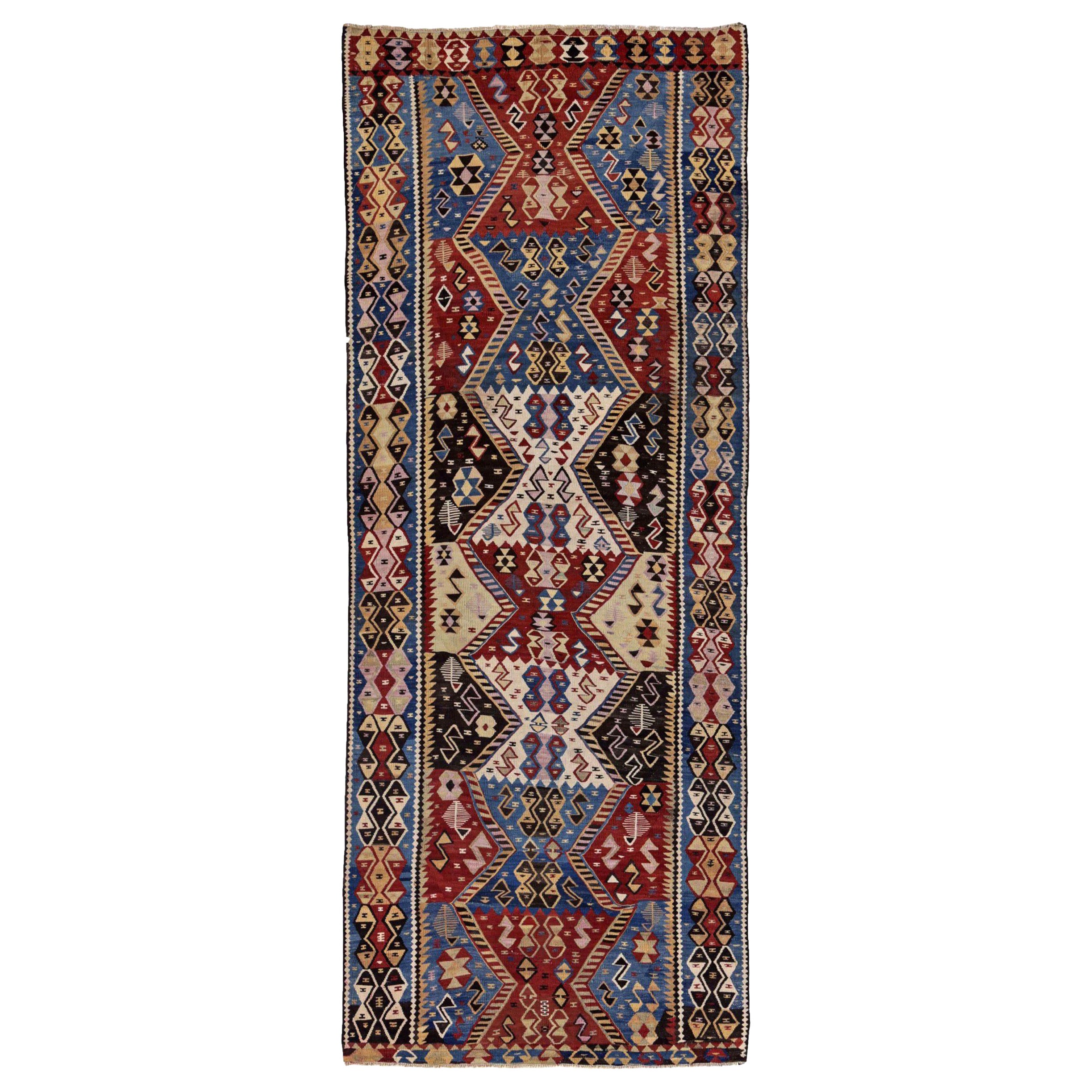 Persische Kilim Area Rugs CIRCA 1910 - Wolle Blau Elfenbein Rot Gelb Design - 91423