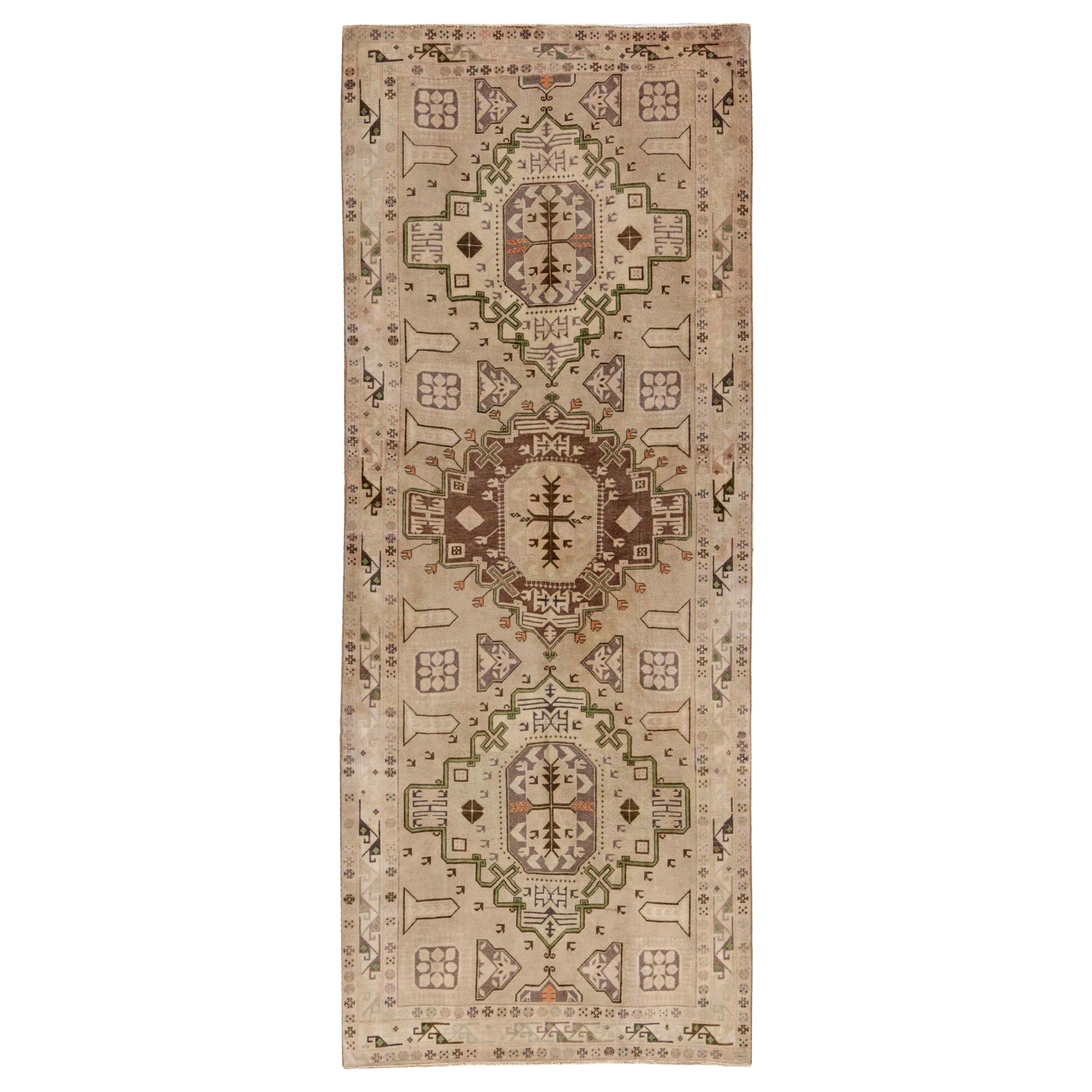 Persisch Aserbaidschan Läufer Teppich Circa 1910 - Wolle Braun Grün Elfenbein Design - 91414