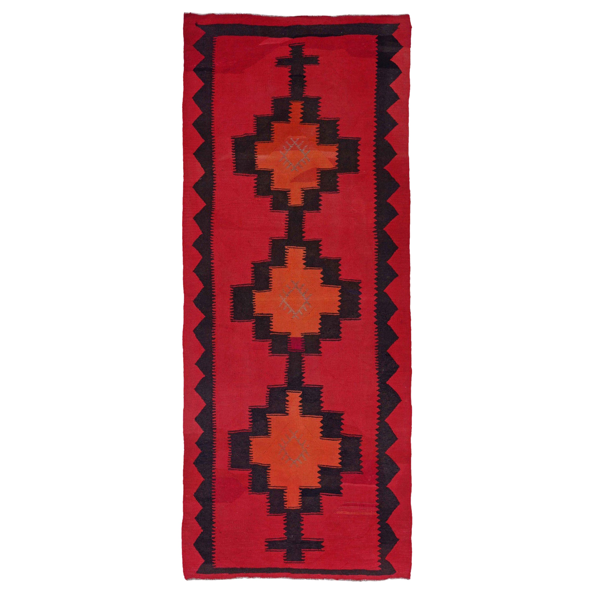 Rug & Kilim Kilim Persan Circa 1910 - Laine Noir Orange Rouge Design - 91453