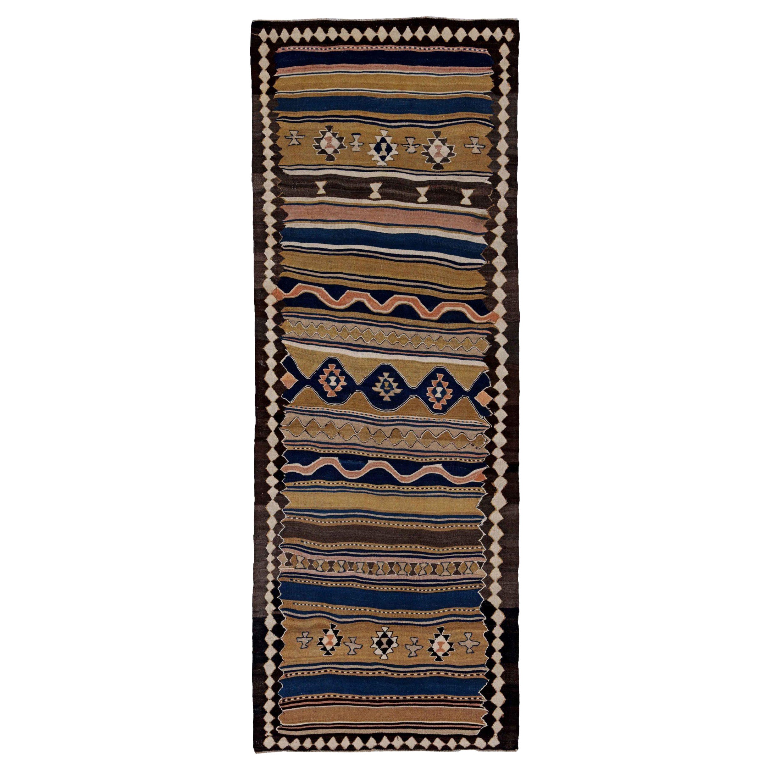 Tappeti persiani Kilim del 1910 - Lana blu marrone verde avorio - 91458