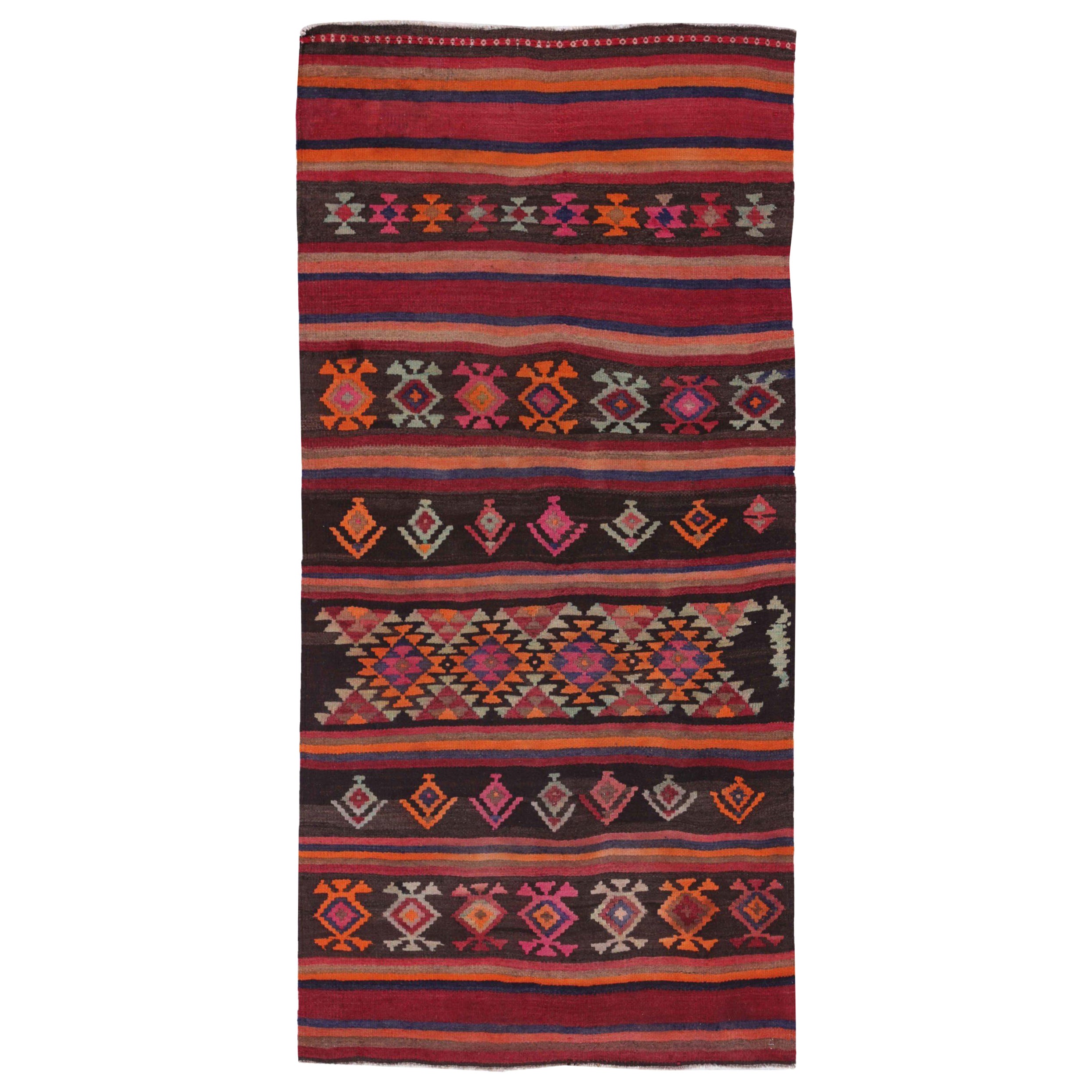Persian Kilim Small Rug Circa 1910 - Wool Brown Ivory Orange Pink Red - 91459