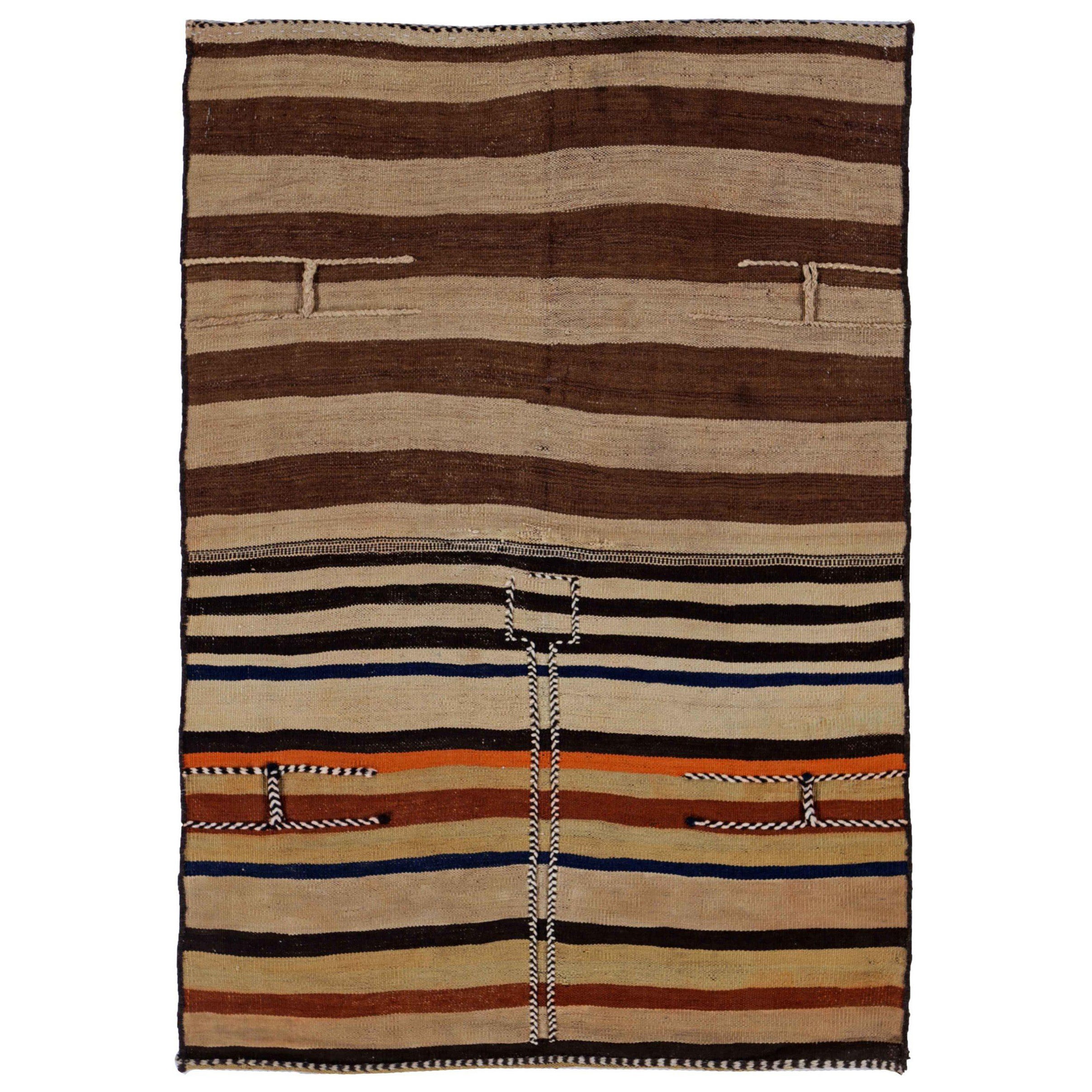 Persian Kilim Small Rug Circa 1910 - Wool Black Brown Ivory Orange - 91461 For Sale