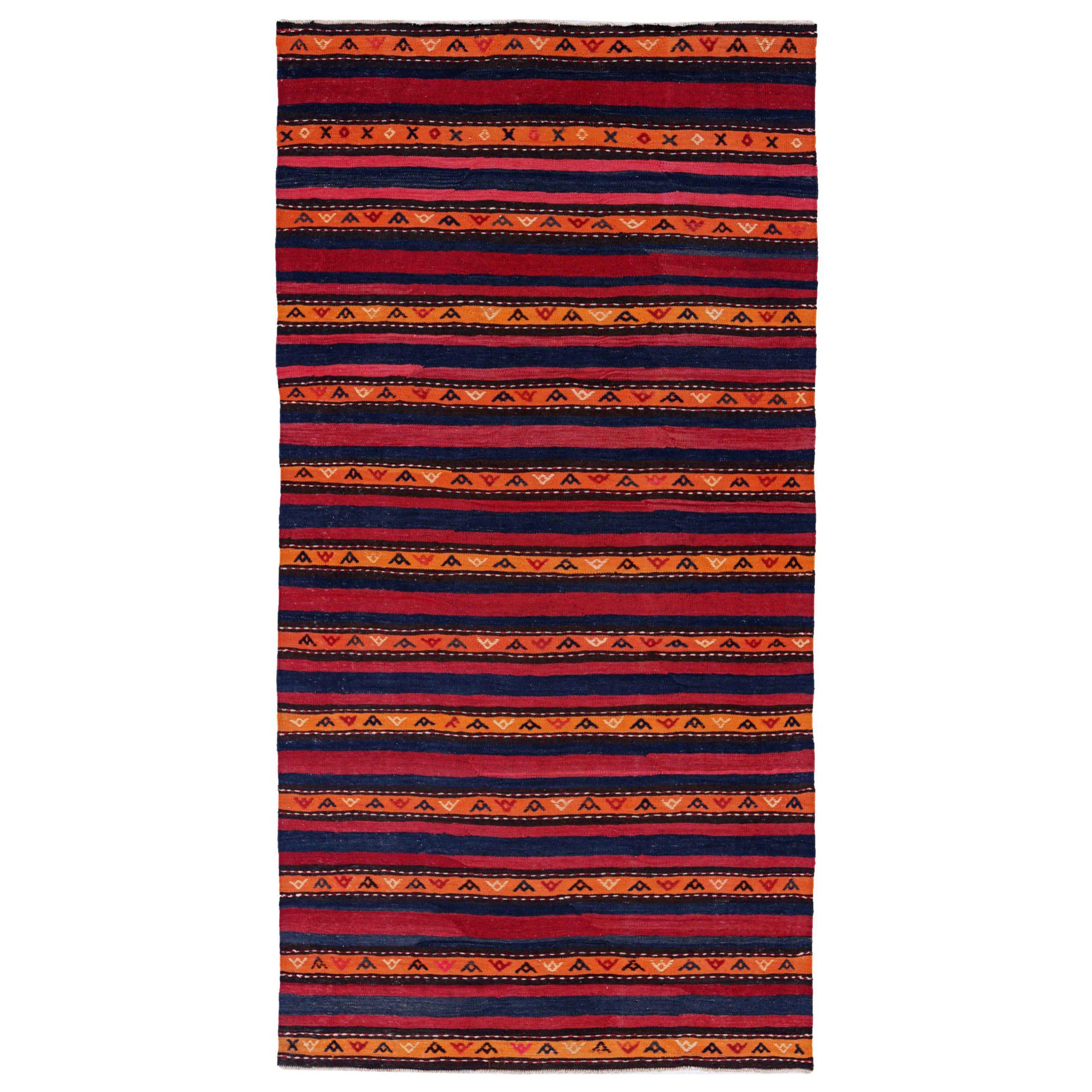 Tapis persans Kilim vers 1910 - Laine bleu marine orange rose motif - 91472