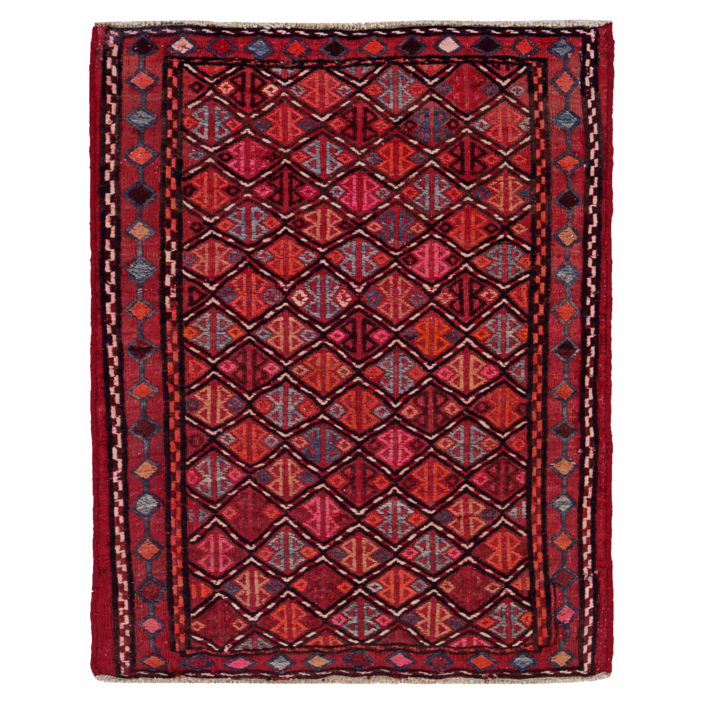 Alfombra Persa Kilim Pequeña Circa 1910 - Lana Azul Naranja Rosa Rojo Design - 91463 en venta