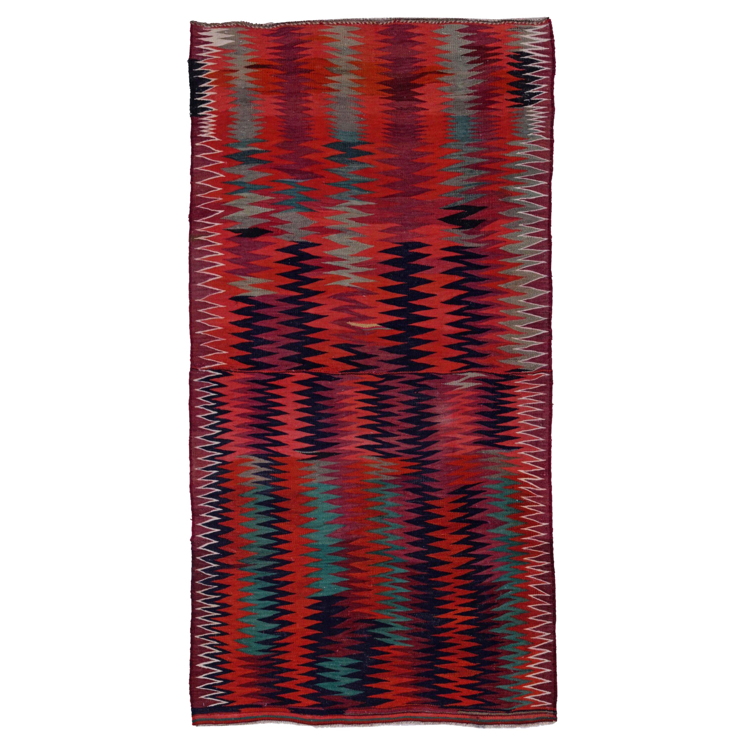 Alfombra Persa Kilim Pequeña Circa 1910 - Lana Diseño Negro Azul Rojo - 91474 en venta
