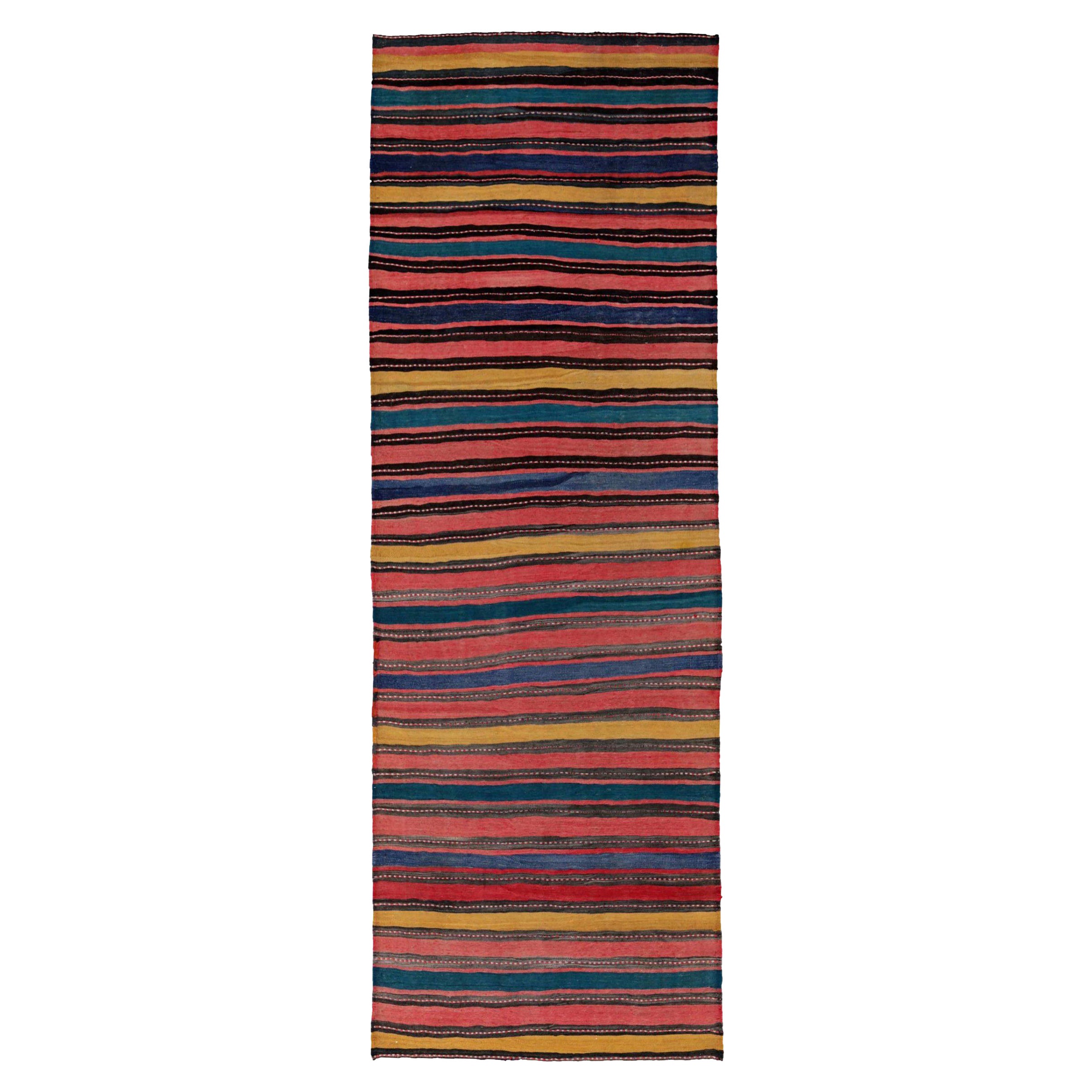 Persian Kilim Runner Rug - Wool Blue Pink Yellow Design - 91479 For Sale