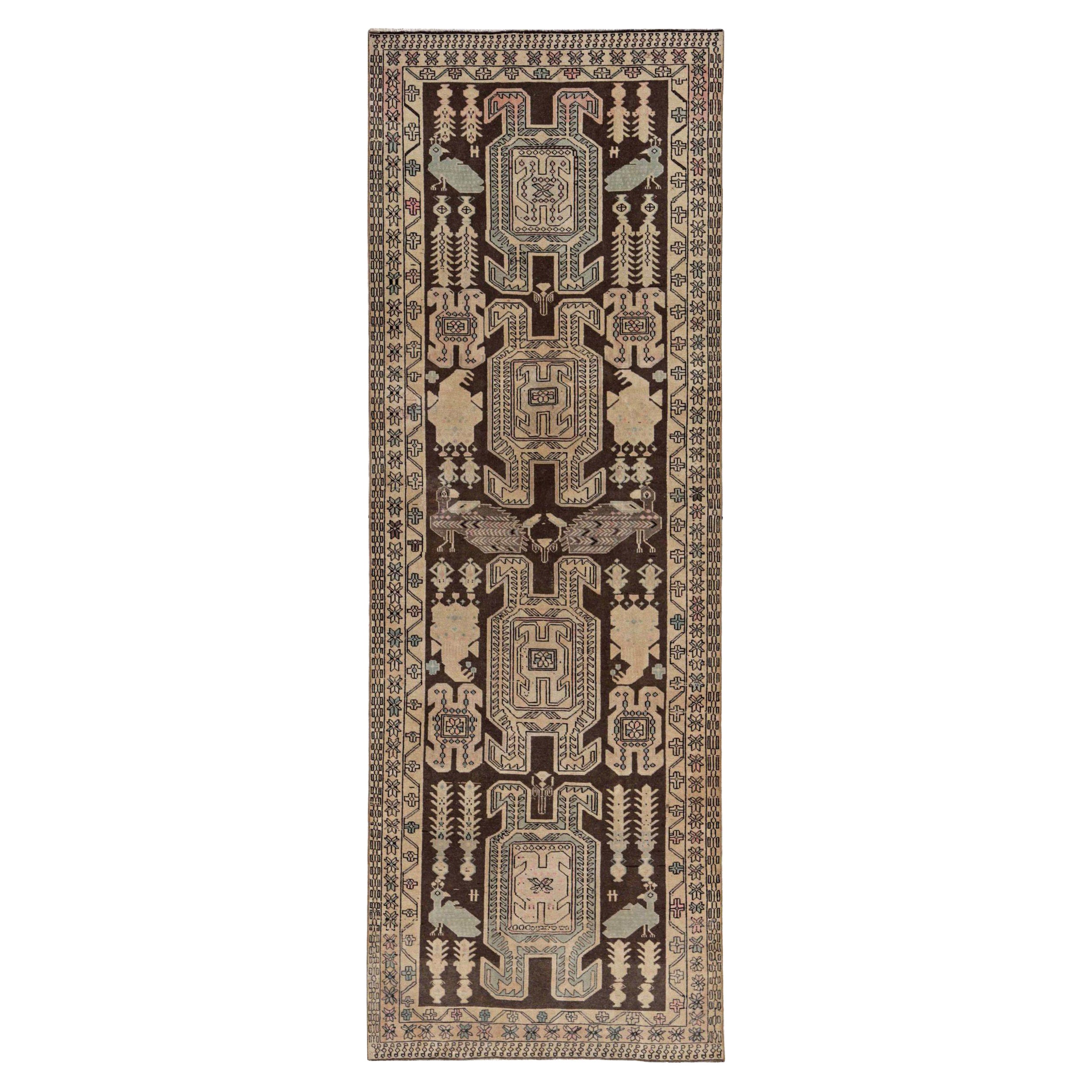Persischer Aserbaidschan Läufer Teppich - Wolle Braun Elfenbein Design - 91480