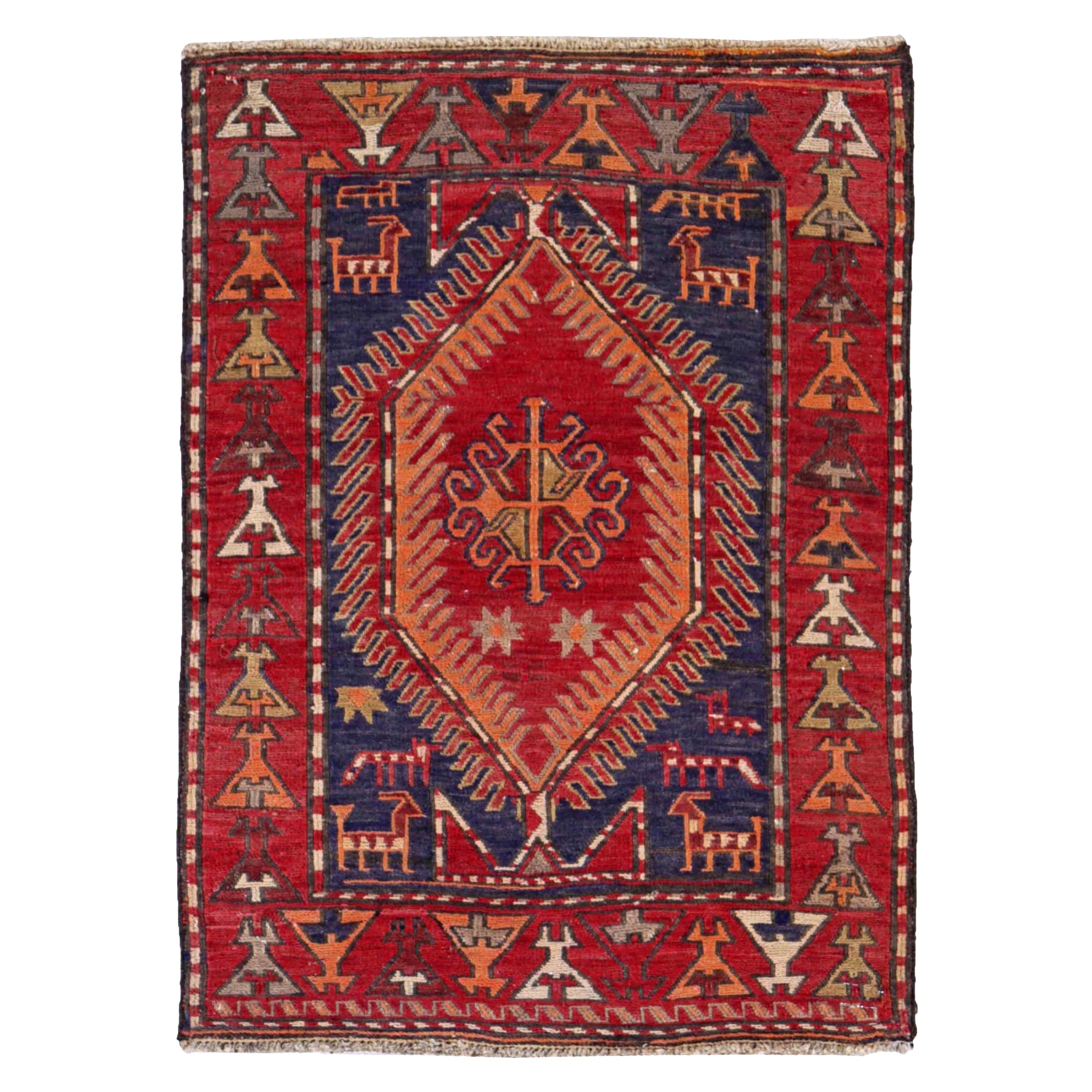 Alfombra Persa Kilim Pequeña Circa 1910 - Lana Azul Naranja Rojo Design - 91500