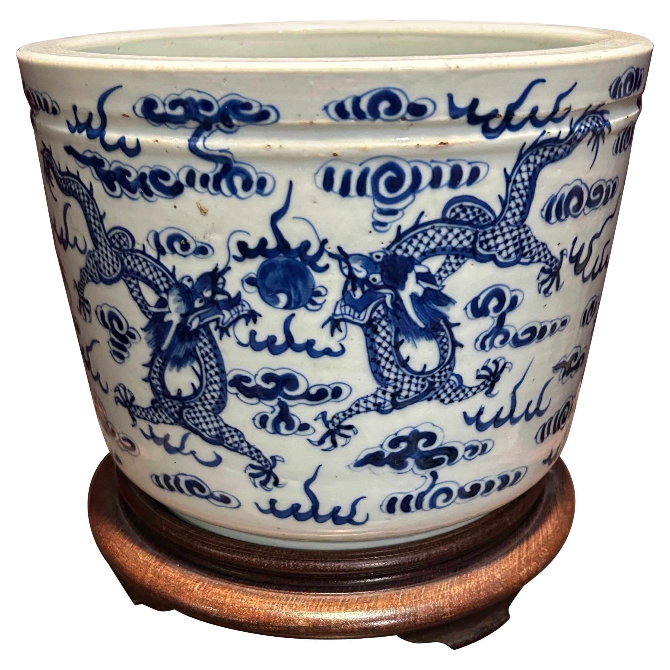 Qing Period Blue & White Large Chinese Ceramic Vase With Dragons