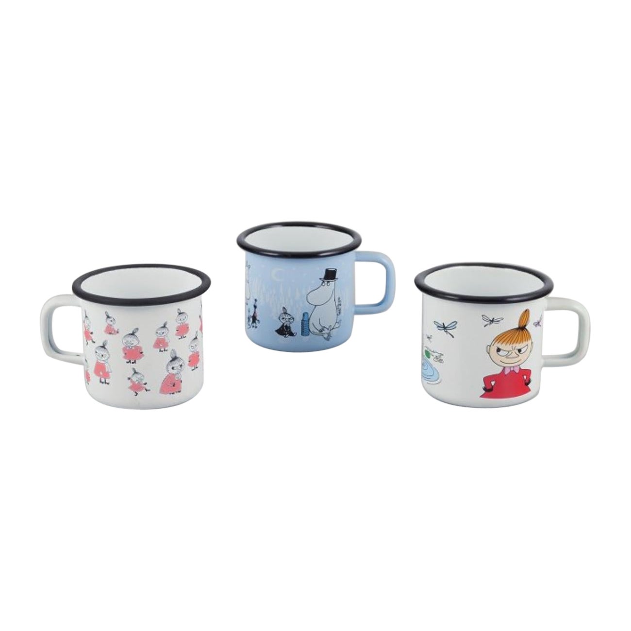 Muurla, Finland. Three enamel mugs with illustrations of Moomins