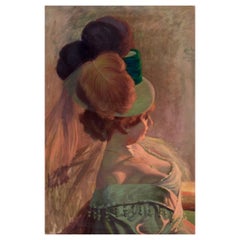 Henry Bouvet (1859-1945) French artist. Oil on canvas. Lady with feathered hat.