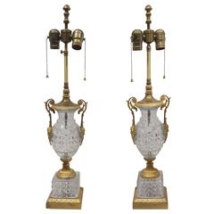Antique Pair of Empire Crystal and Gilt Bronze French Lamps, circa 1900