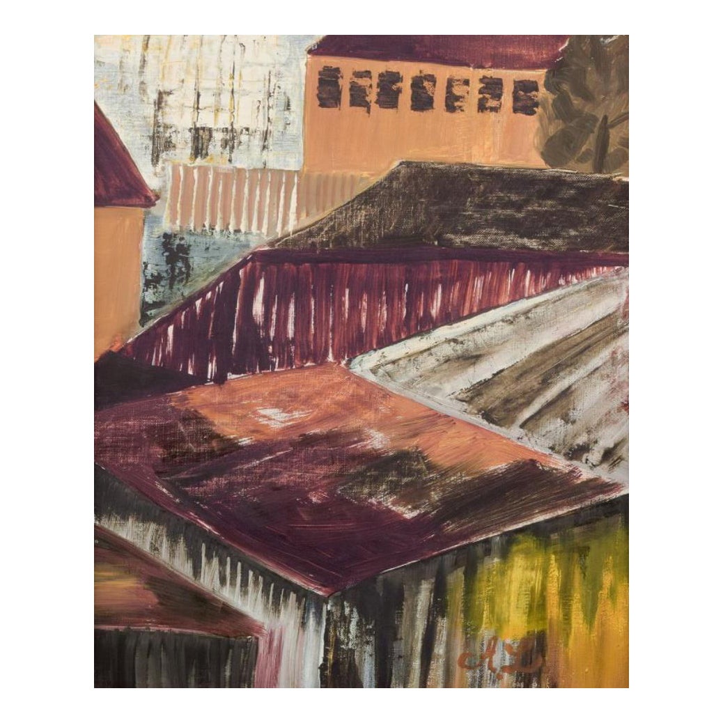 Anna Lindblad, Swedish artist. Oil on canvas. Cityscape in an abstract style.