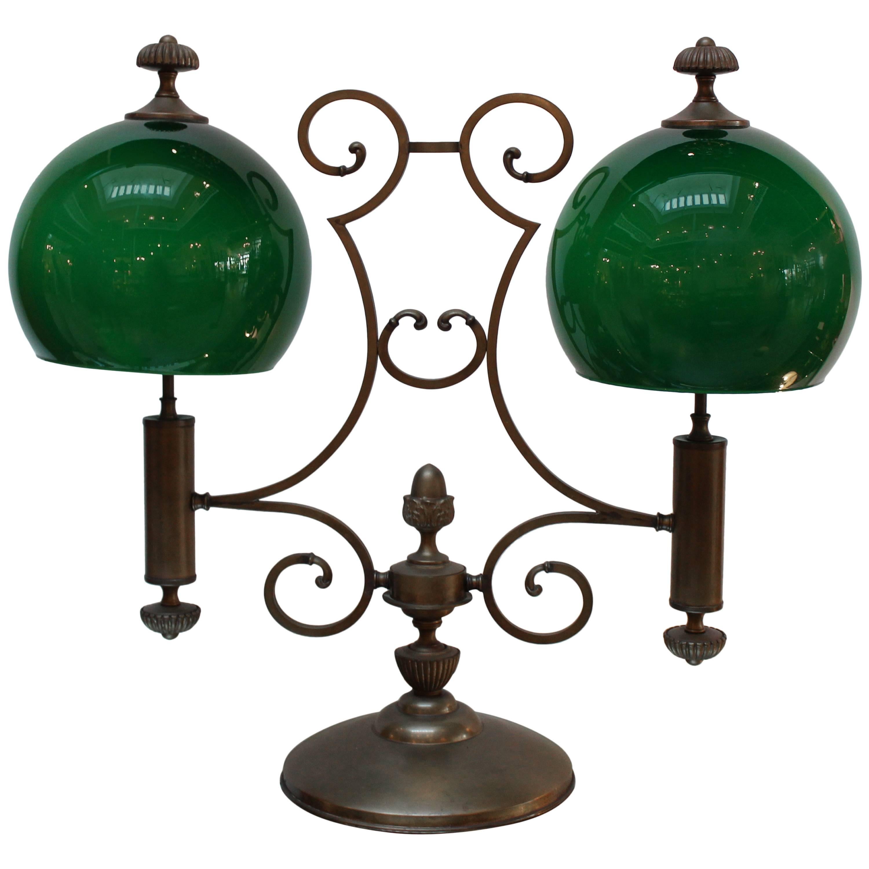 Antique Brass and Emerald Glass Double Light Library Lamp