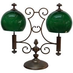 Antique Brass and Emerald Glass Double Light Library Lamp