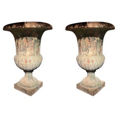 Pair Of Cast Iron Medici Vases green patina