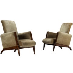 French Mid-Century modern Pair of Lounge Chairs in Olive Green Velvet