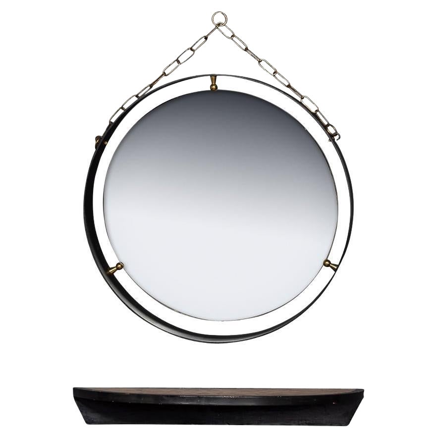 Miroir à cadre en métal noir et console en laiton, Italie, milieu du XXe siècle, c.1950 en vente