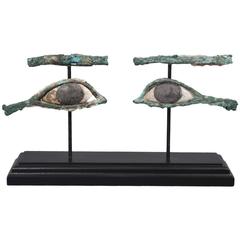 Ancient Egyptian Bronze and Limestone Eyes from a Wooden Sarcophagus