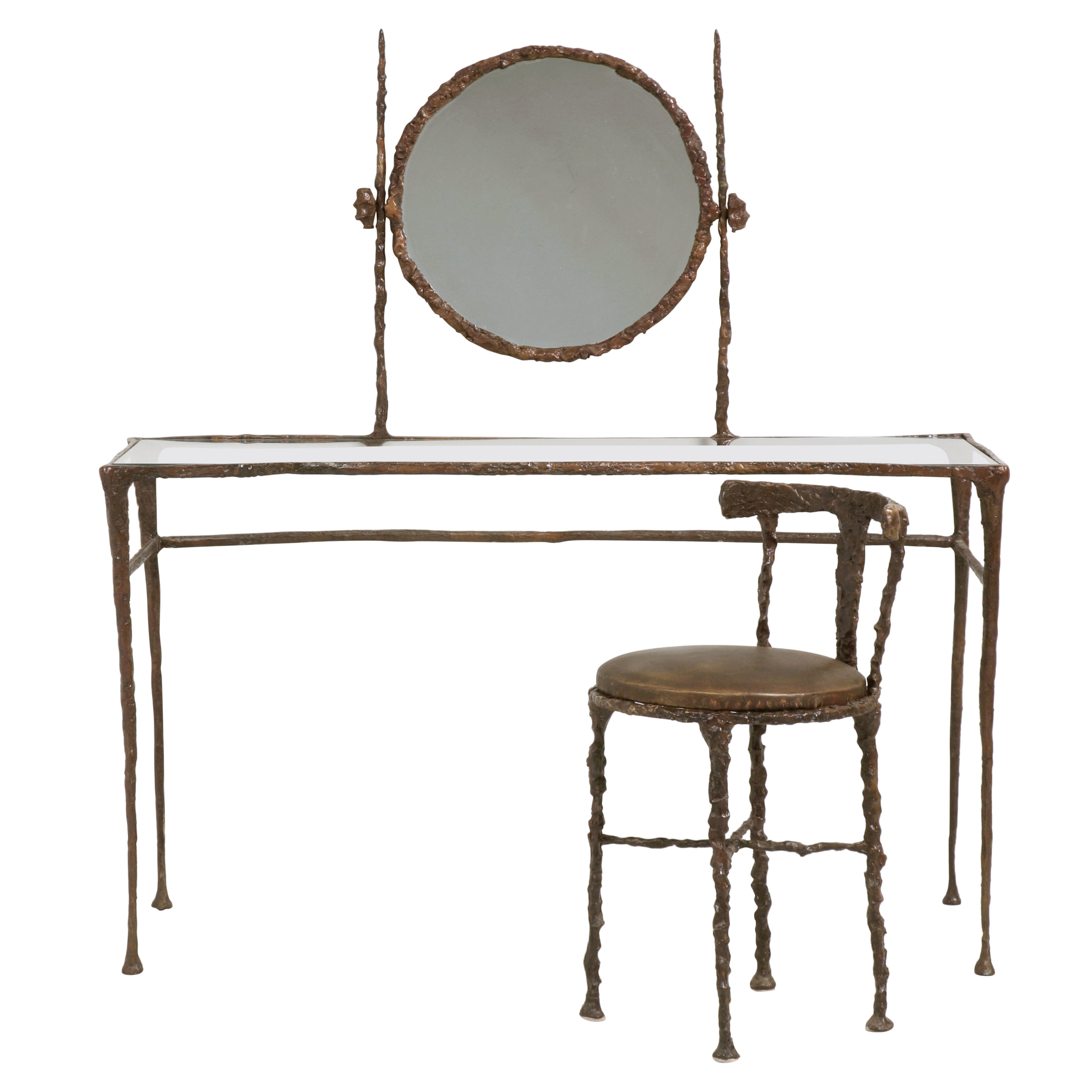Tavolino da toilette in bronzo massiccio di ispirazione Giacometti Made in America Sedia opzionale