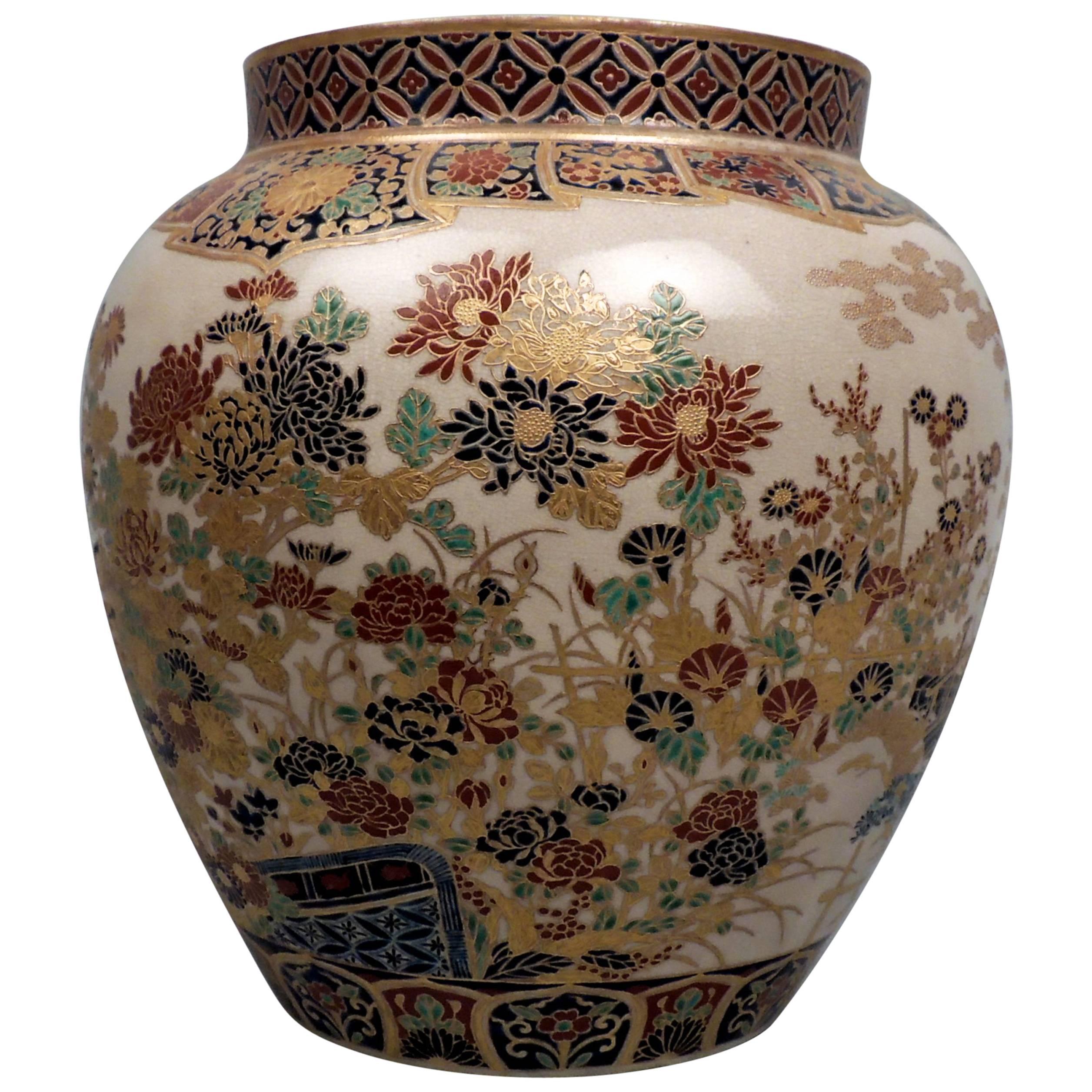 Large 19th Century Signed Japanese Imperial Satsuma Pottery Vase with Gosu Blue