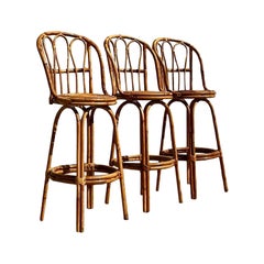 Vintage Coastal Bent Rattan Bar Stools - Set of 3