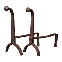 A Pair of English Early 18th Century Wrought Iron Fireplace Fire Dogs Andirons