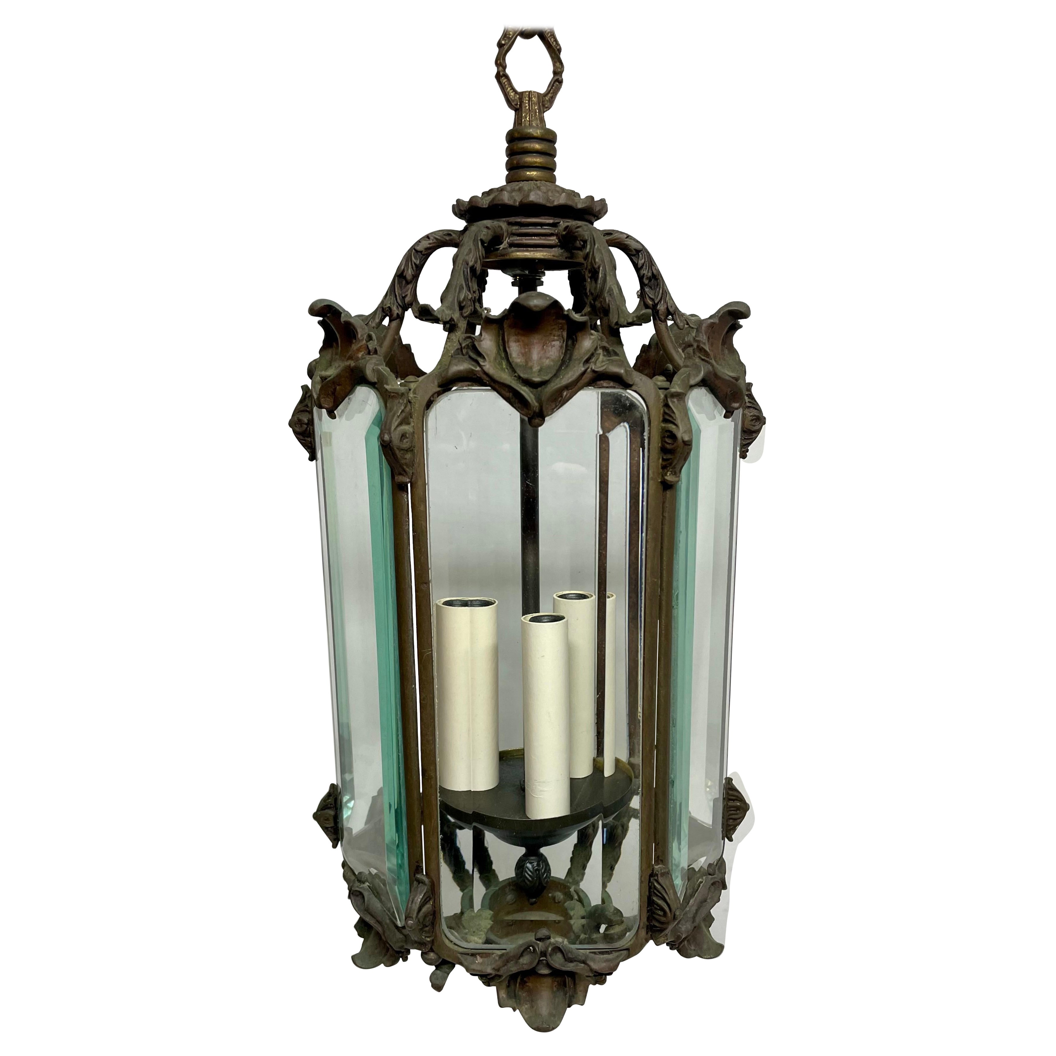 Antique Bronze And Beveled Glass Pendant